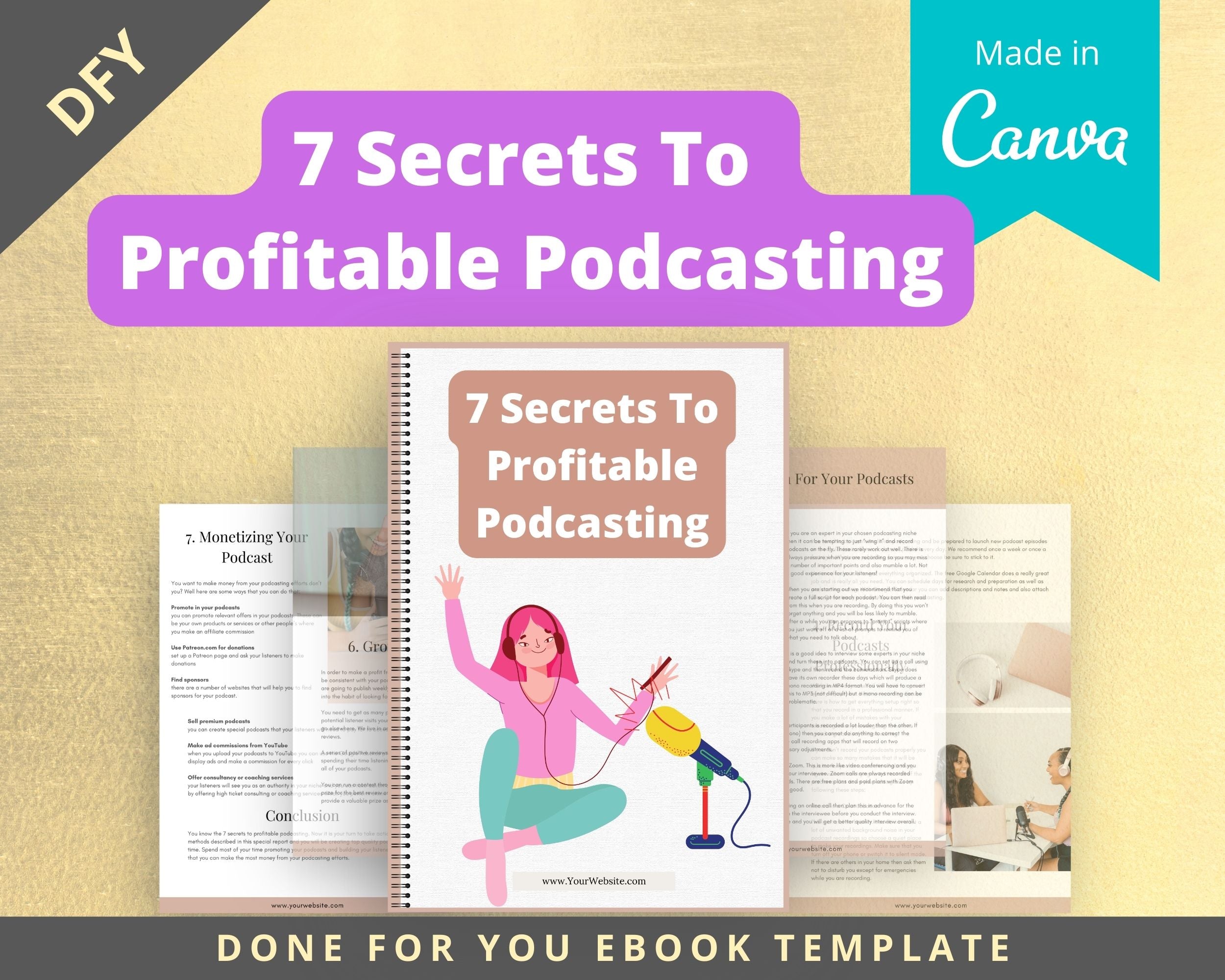 Editable 7 Secrets To Profitable Podcasting Ebook | Done-for-You Ebook in Canva | Rebrandable and Resizable Canva Template