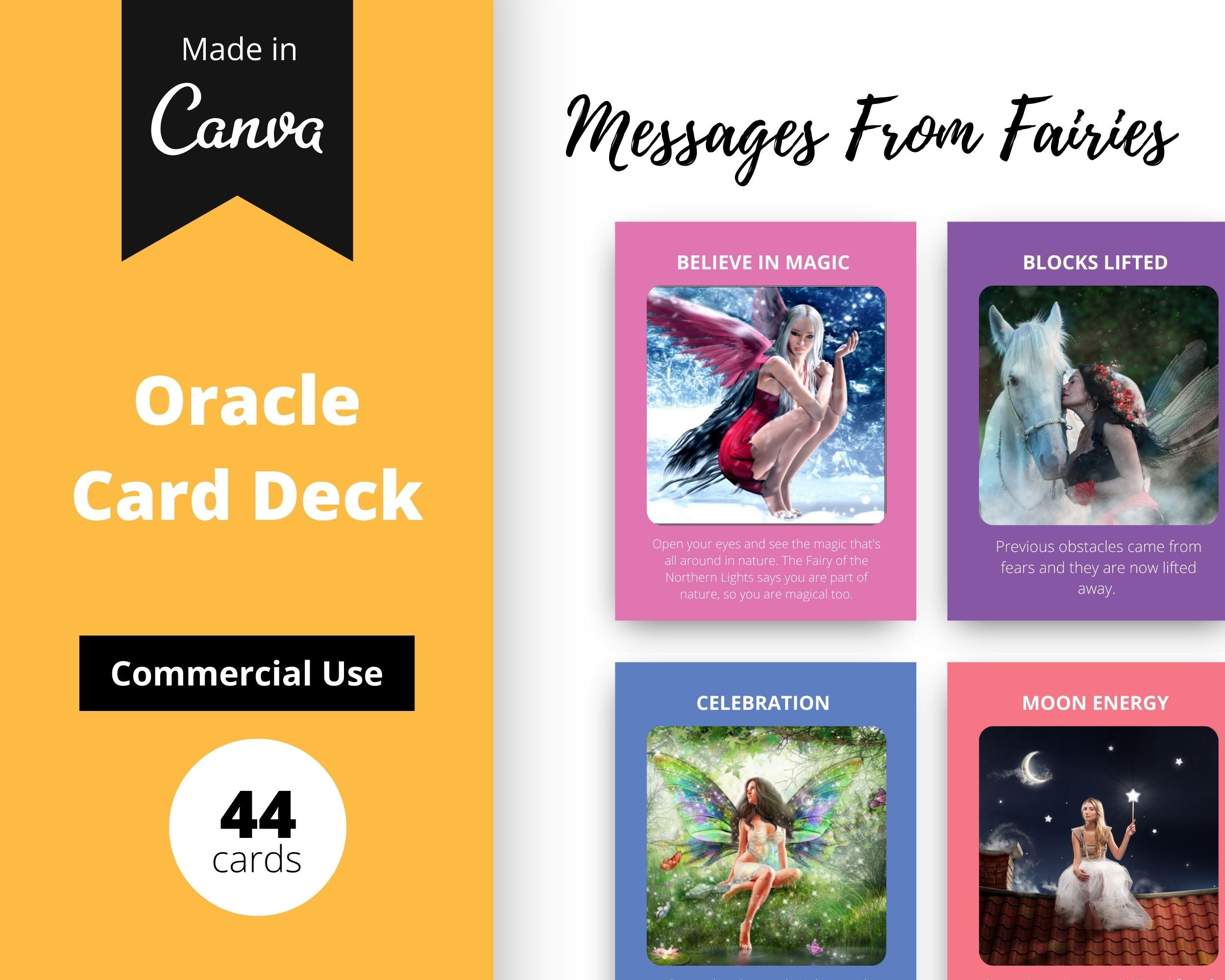 Messages from Fairies Oracle Card Deck | Editable 44 Card Deck in Canva | Size 3"x 4" | Commercial Use