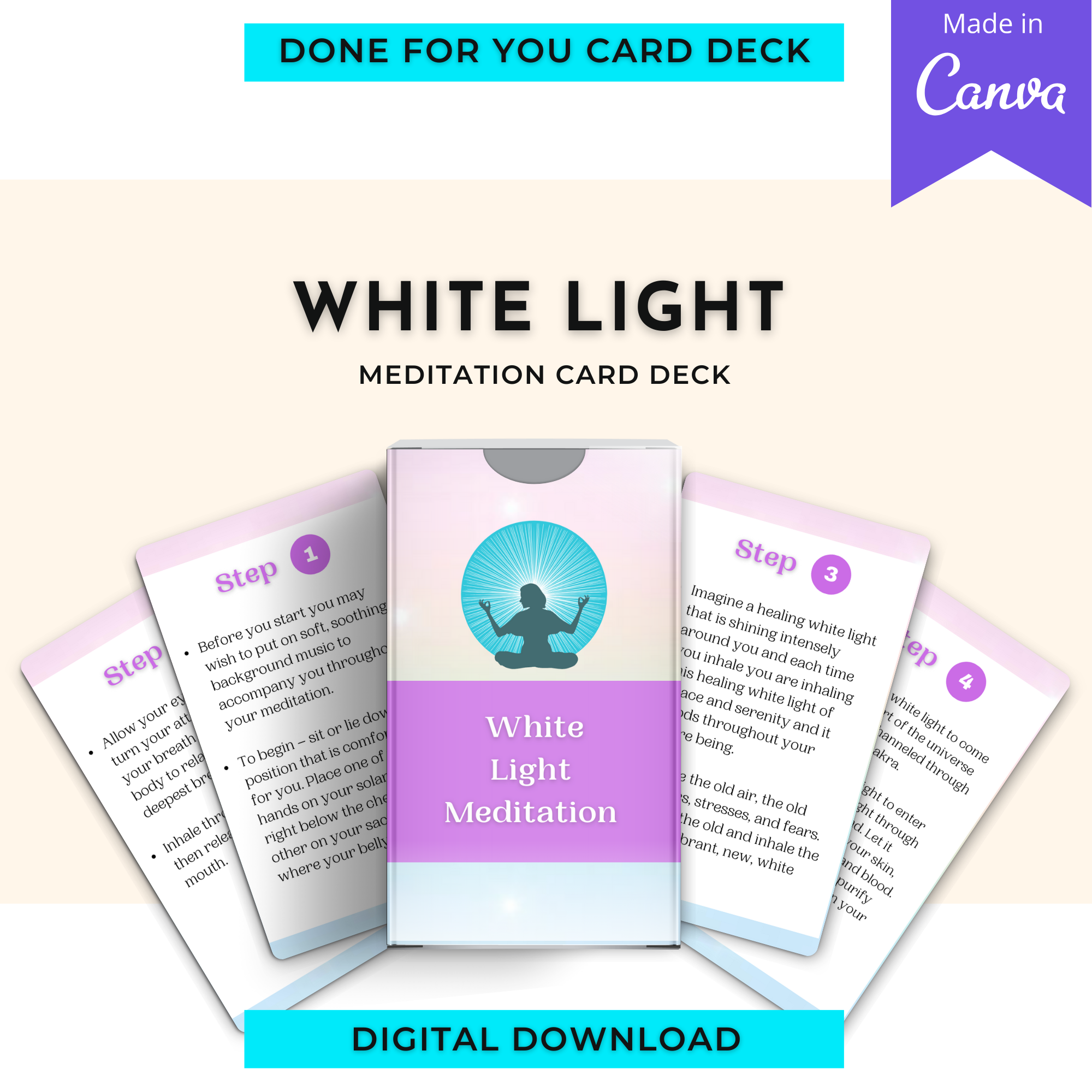 White Light Meditation Prompts | Editable 12 Card Deck in Canva | Commercial Use