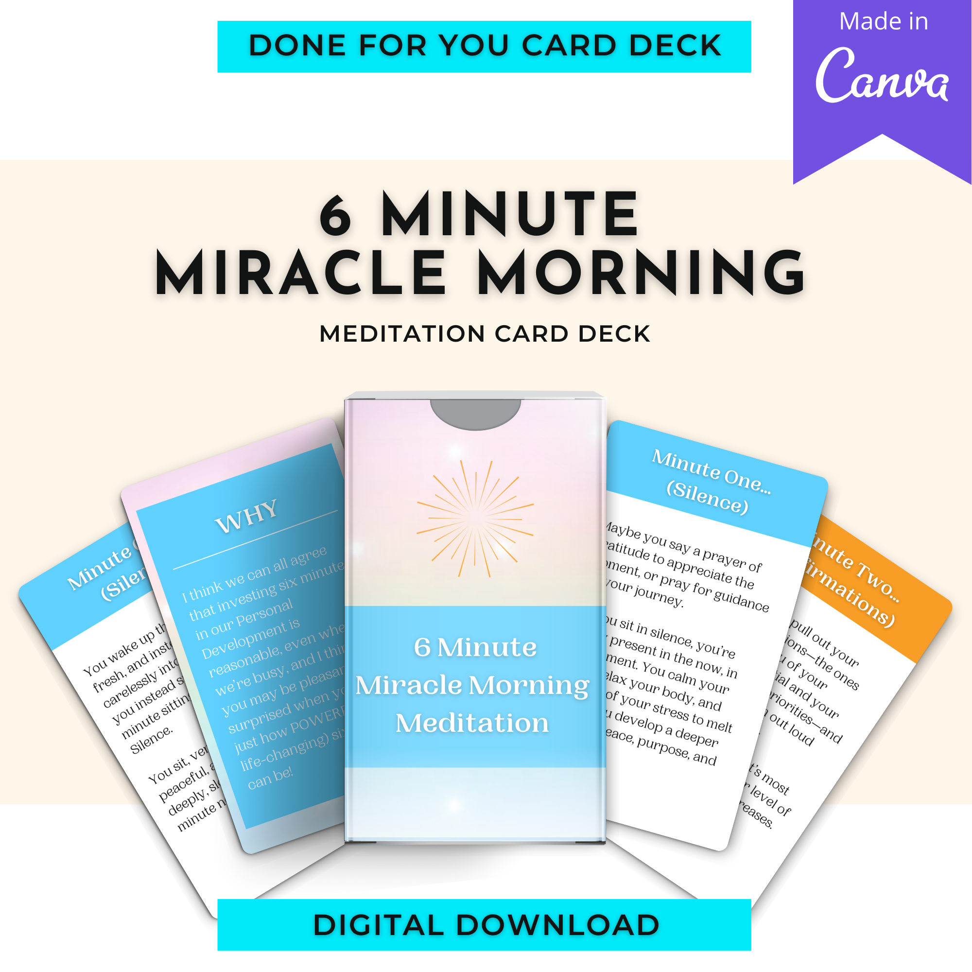 6 Minute Miracle Morning Meditation Prompts | Editable 12 Card Deck in Canva | Commercial Use