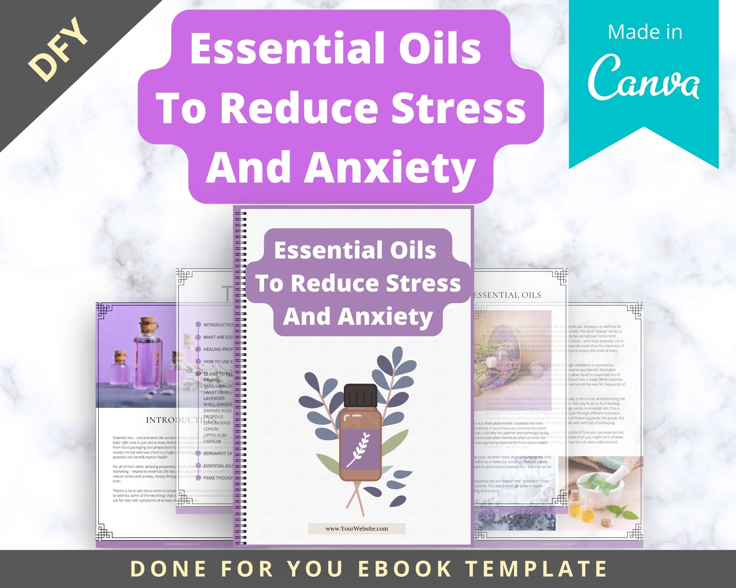 Editable Essential Oils To Reduce Stress And Anxiety Ebook | Done-for-You Ebook in Canva | Rebrandable and Resizable Canva Template
