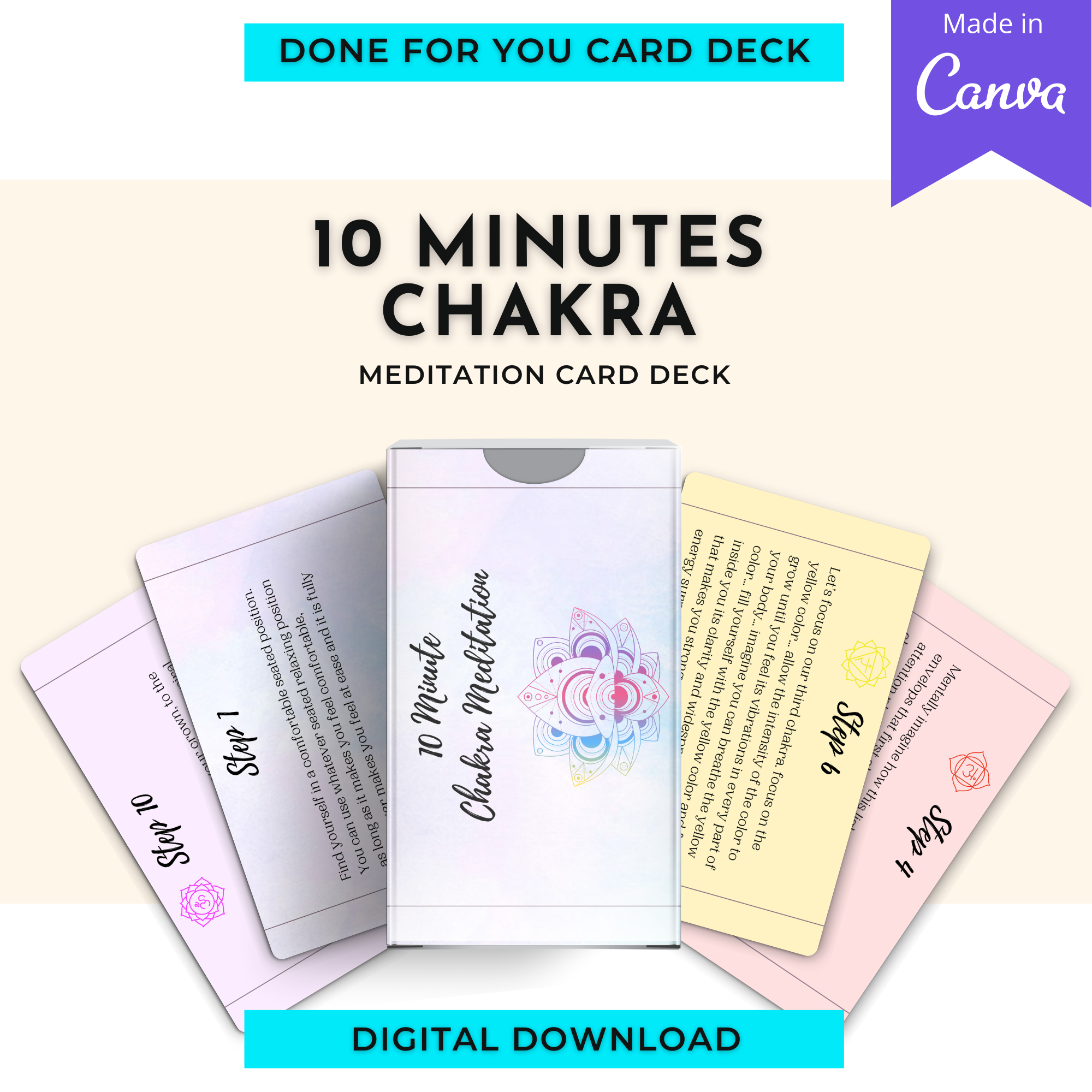 10 Minute Chakra Meditation Card Deck | Editable 16 Card Deck in Canva | Commercial Use