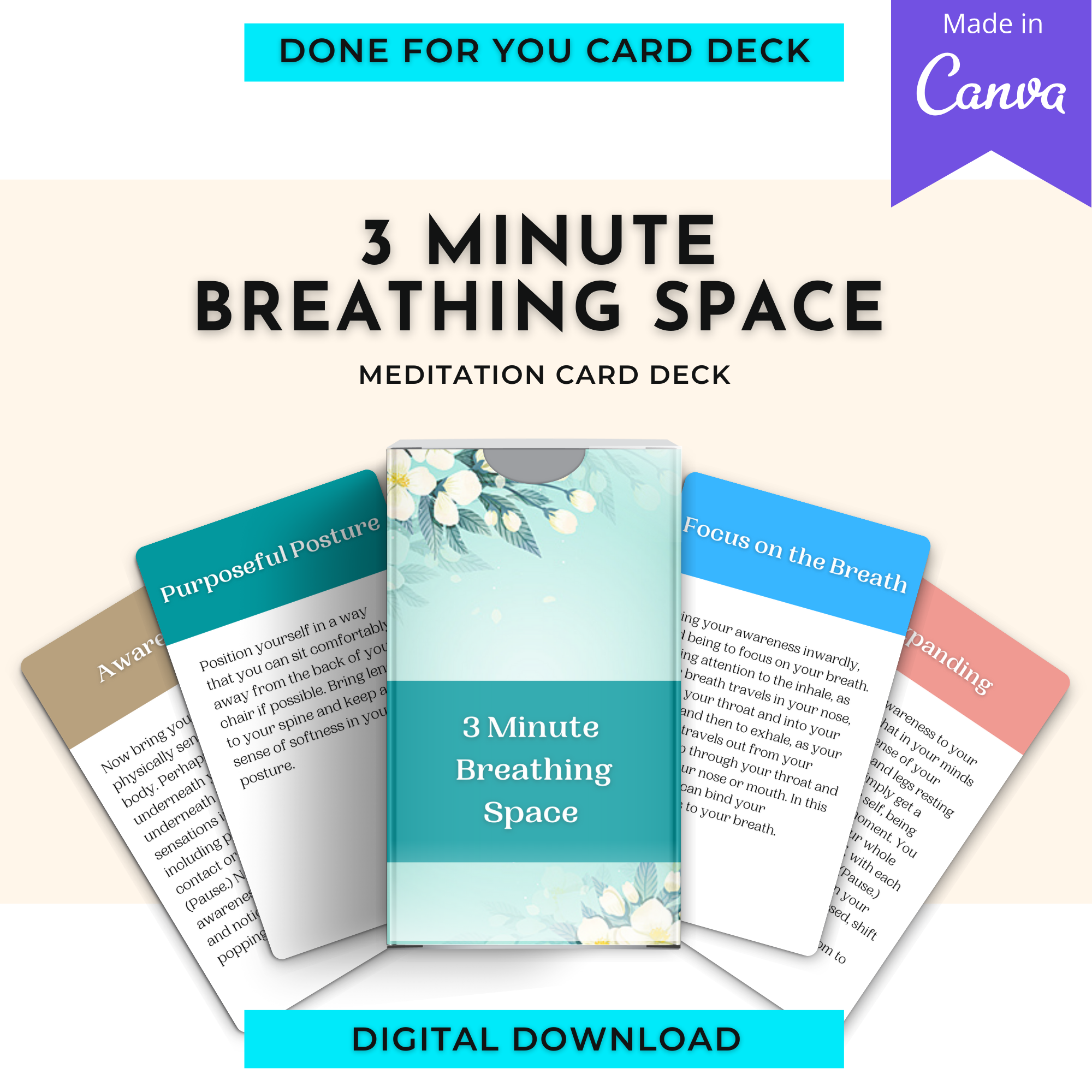 3 Minute Breathing Space Meditation Card Deck | Editable 9 Card Deck in Canva | Commercial Use