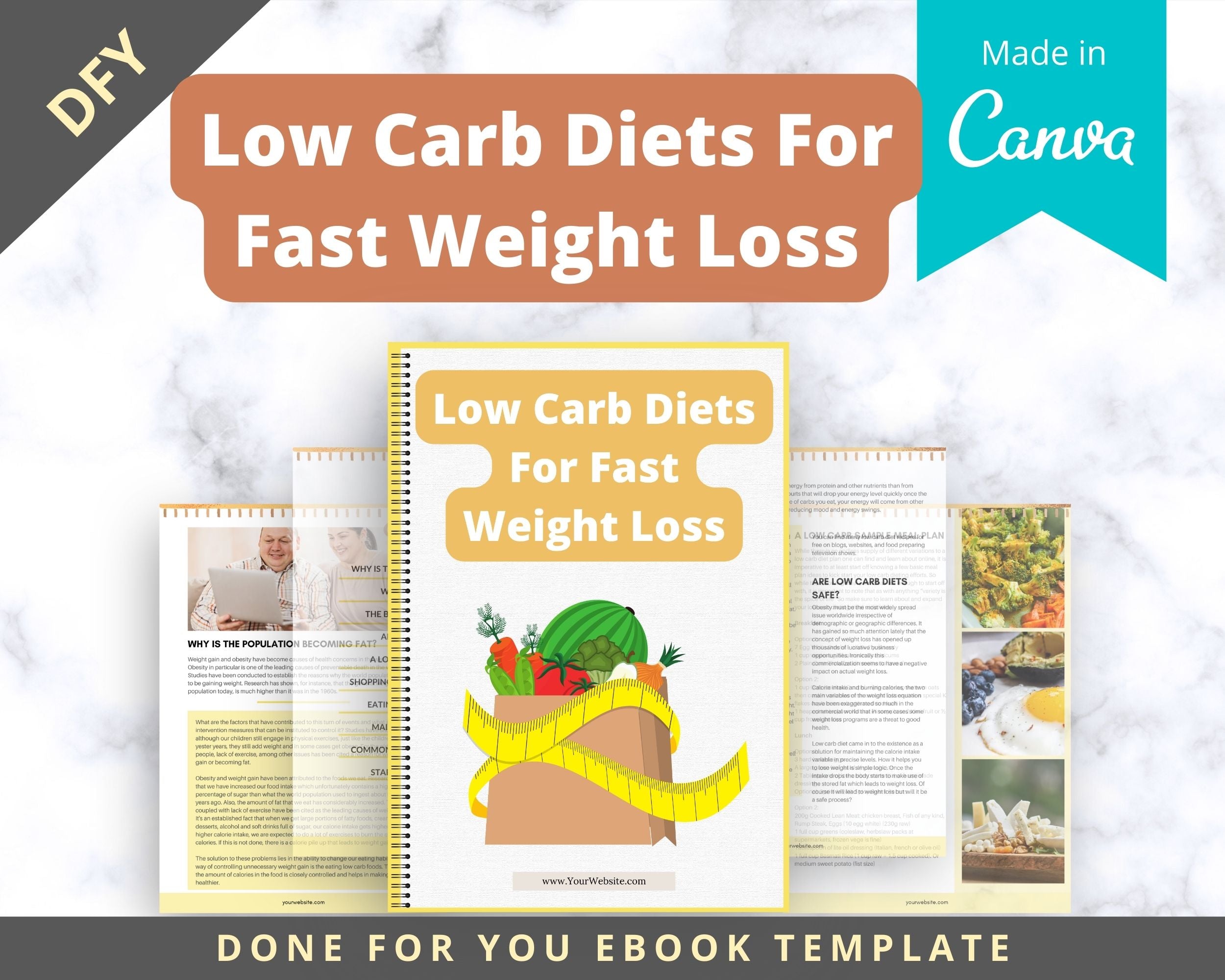 Editable Low Carb Diets For Fast Weight Loss Ebook | Done-for-You Ebook in Canva | Rebrandable and Resizable Canva Template