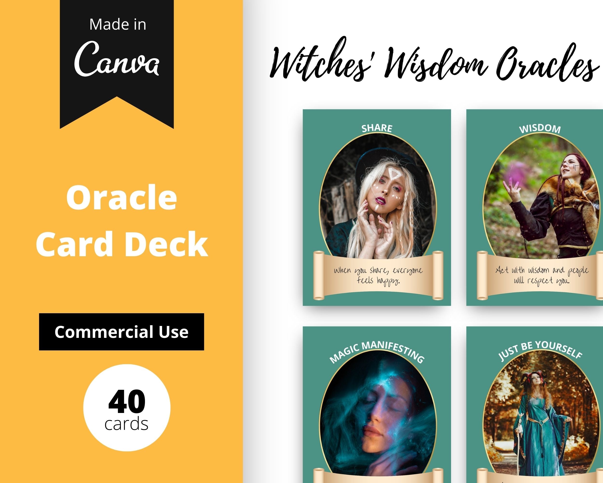 Witches' Wisdom Oracle Card Deck | Editable 40 Card Deck in Canva | Size 3"x 4" | Commercial Use