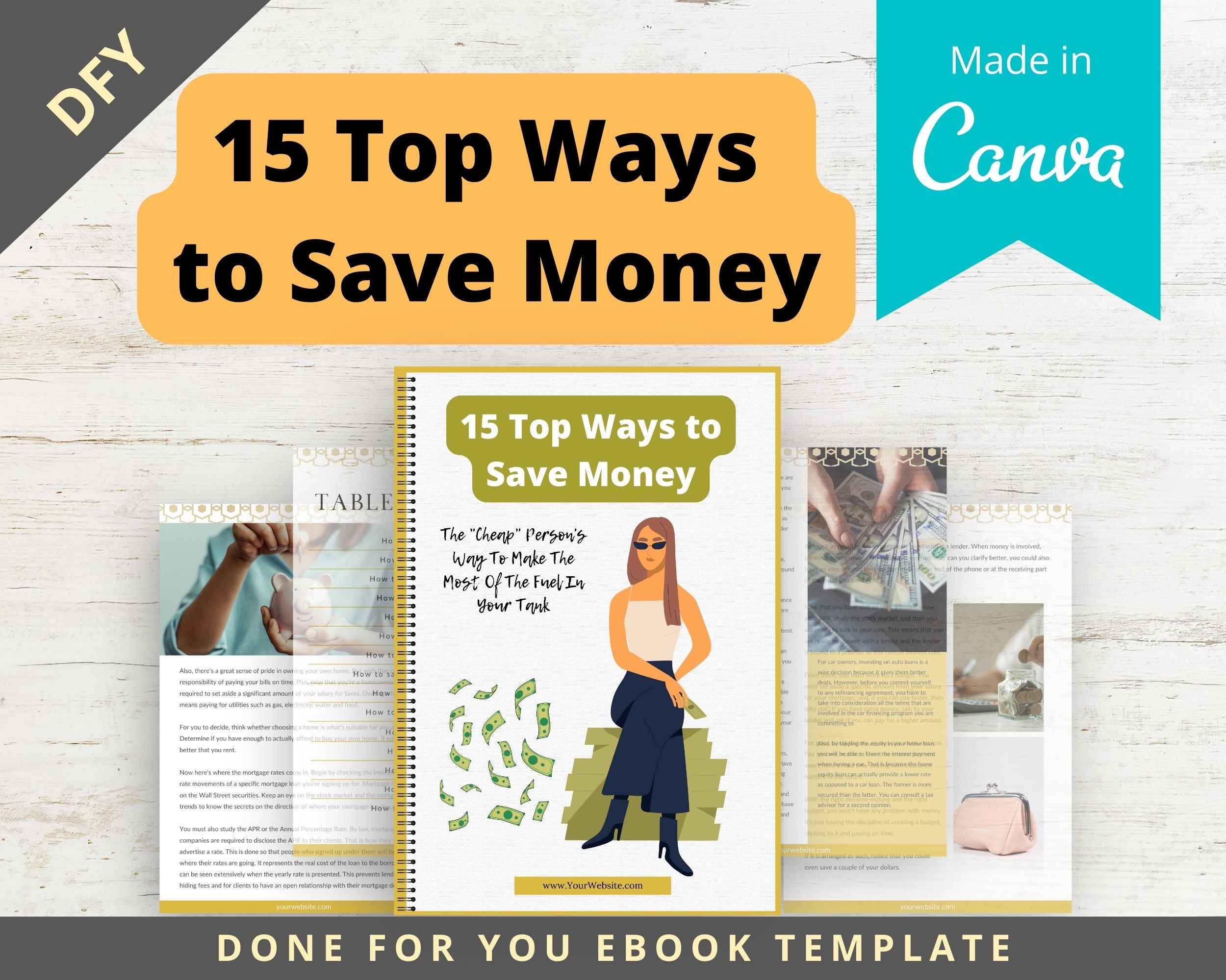 Editable 15 Top Ways to Save Money Ebook | Done-for-You Ebook in Canva | Rebrandable and Resizable Canva Template