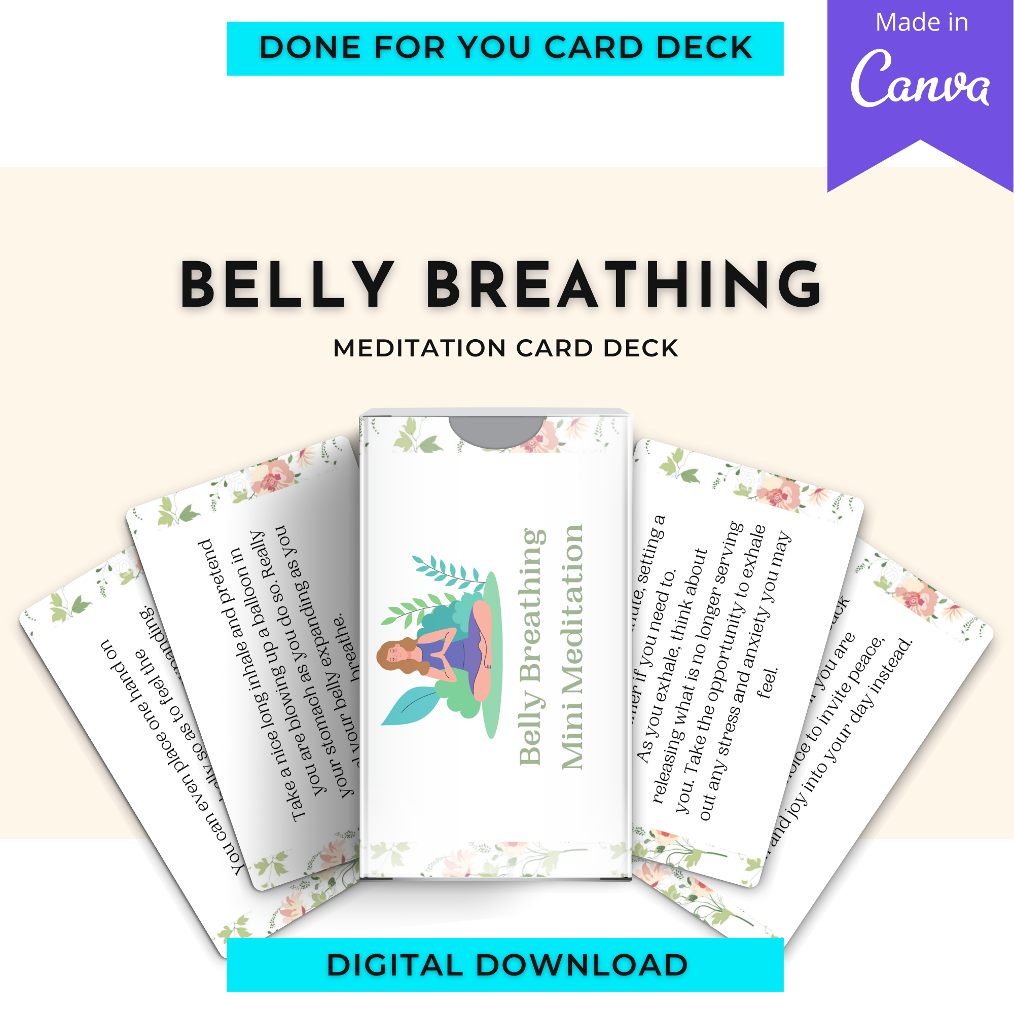Belly Breathing Mini Meditation Card Deck | Editable 7 Card Deck in Canva | Commercial Use