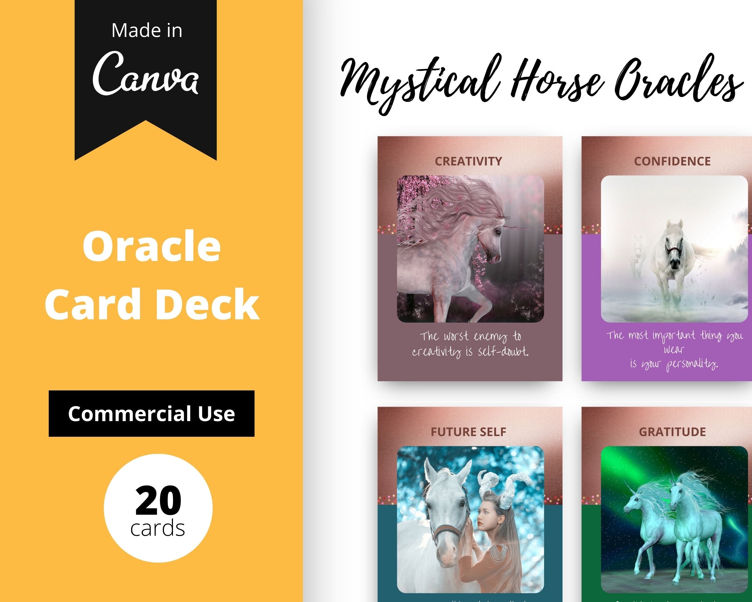 Mystical Horse Oracle Card Deck | Editable 20 Card Deck in Canva | Size 3"x 4" | Commercial Use