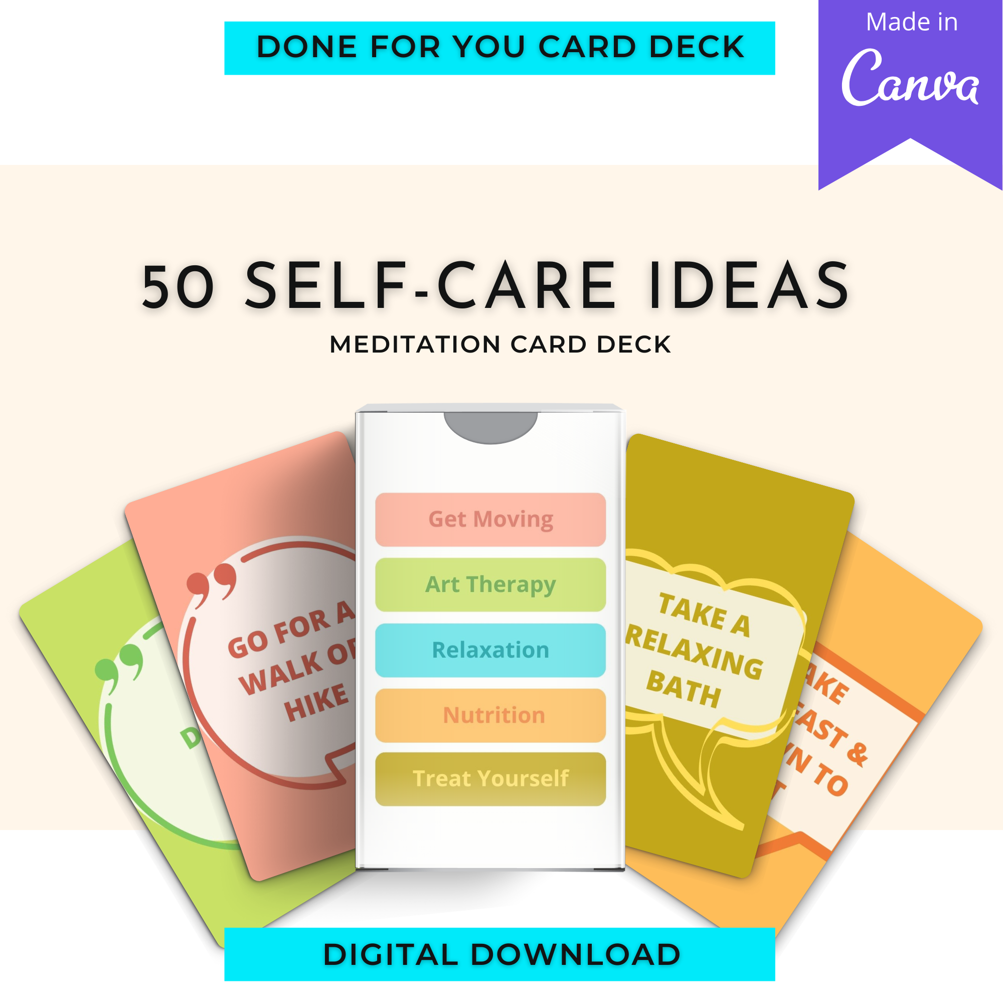 50 Self-Care Ideas Cards | Canva Inspirational Cards | Commercial Use