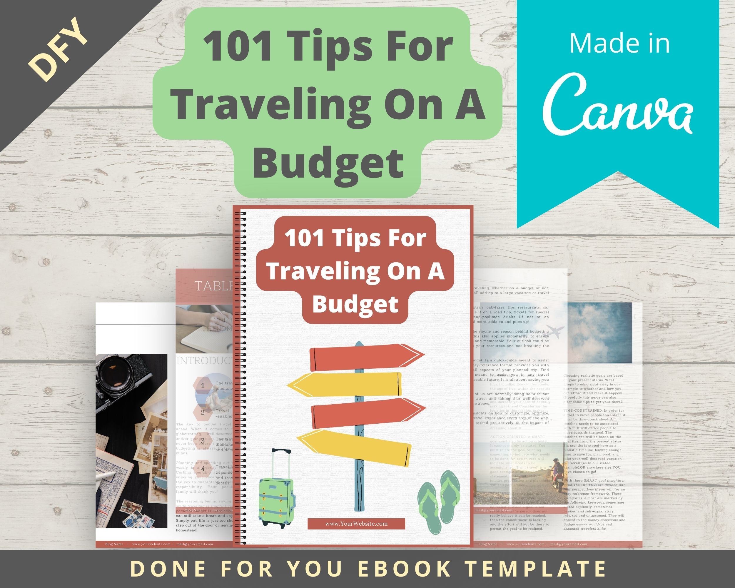 Editable 101 Tips For Traveling On A Budget Ebook in Canva | Rebrandable and Resizable Canva Template
