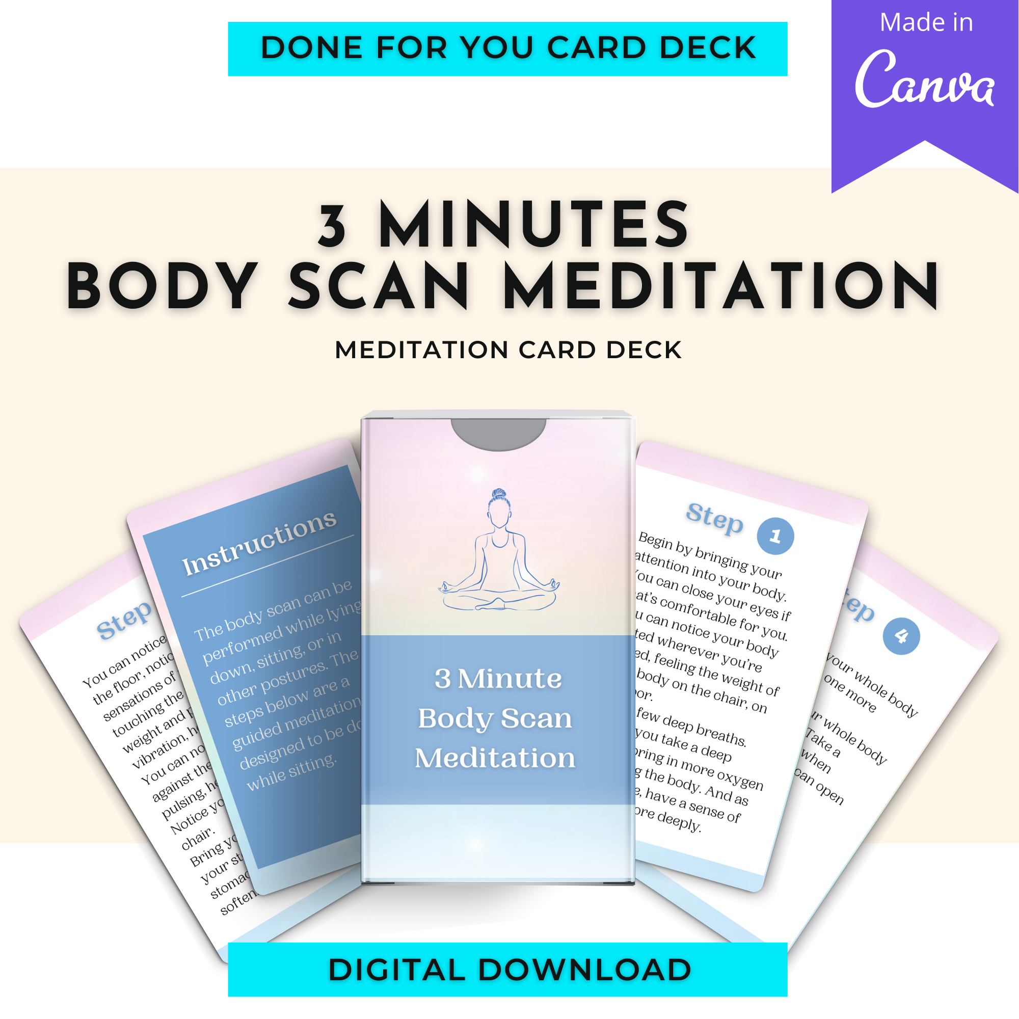 3 Minute Body Scan Meditation Card Deck | Editable 7 Card Deck in Canva | Commercial Use