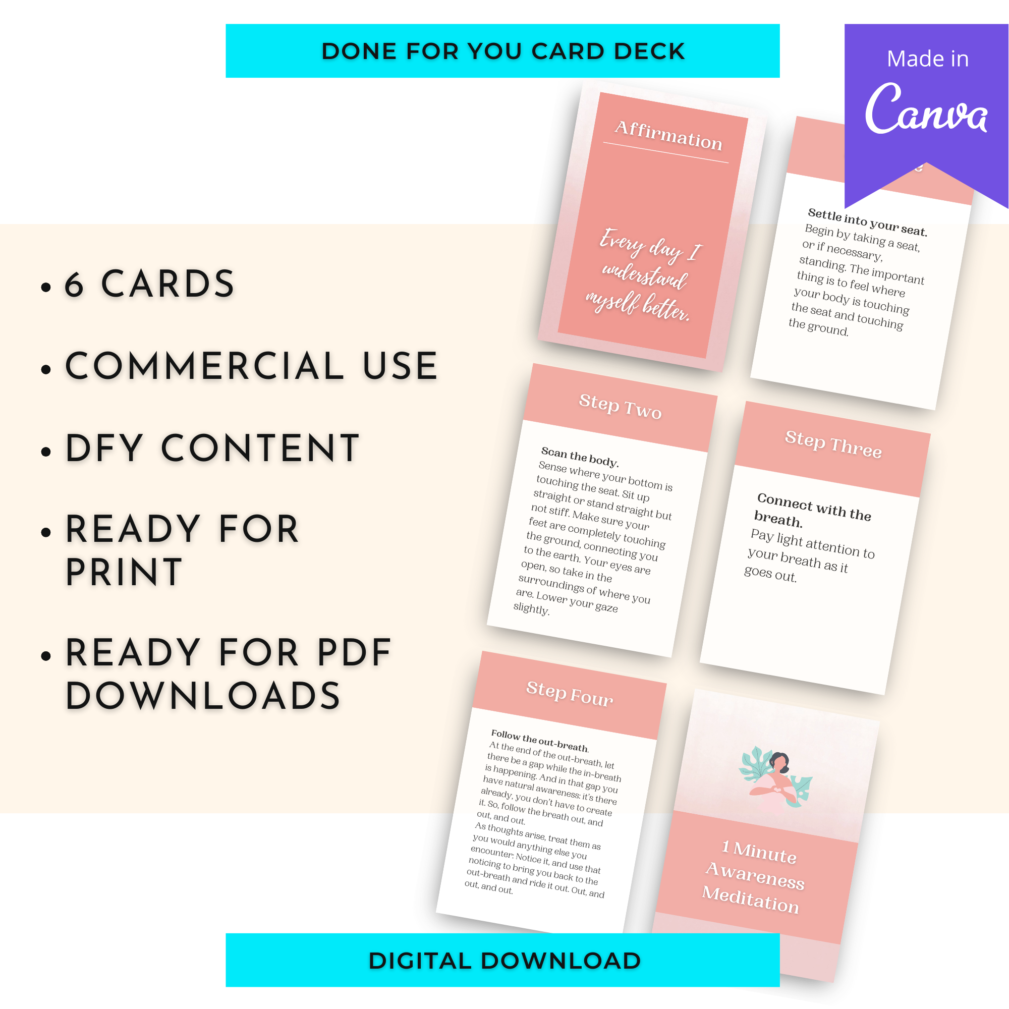 1 Minute Awareness Meditation Card Deck | Editable 6 Card Deck in Canva | Commercial Use