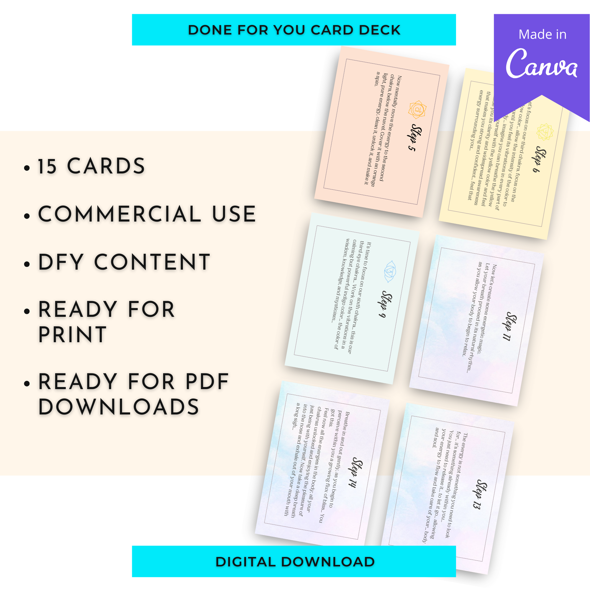 10 Minute Chakra Meditation Card Deck | Editable 16 Card Deck in Canva | Commercial Use