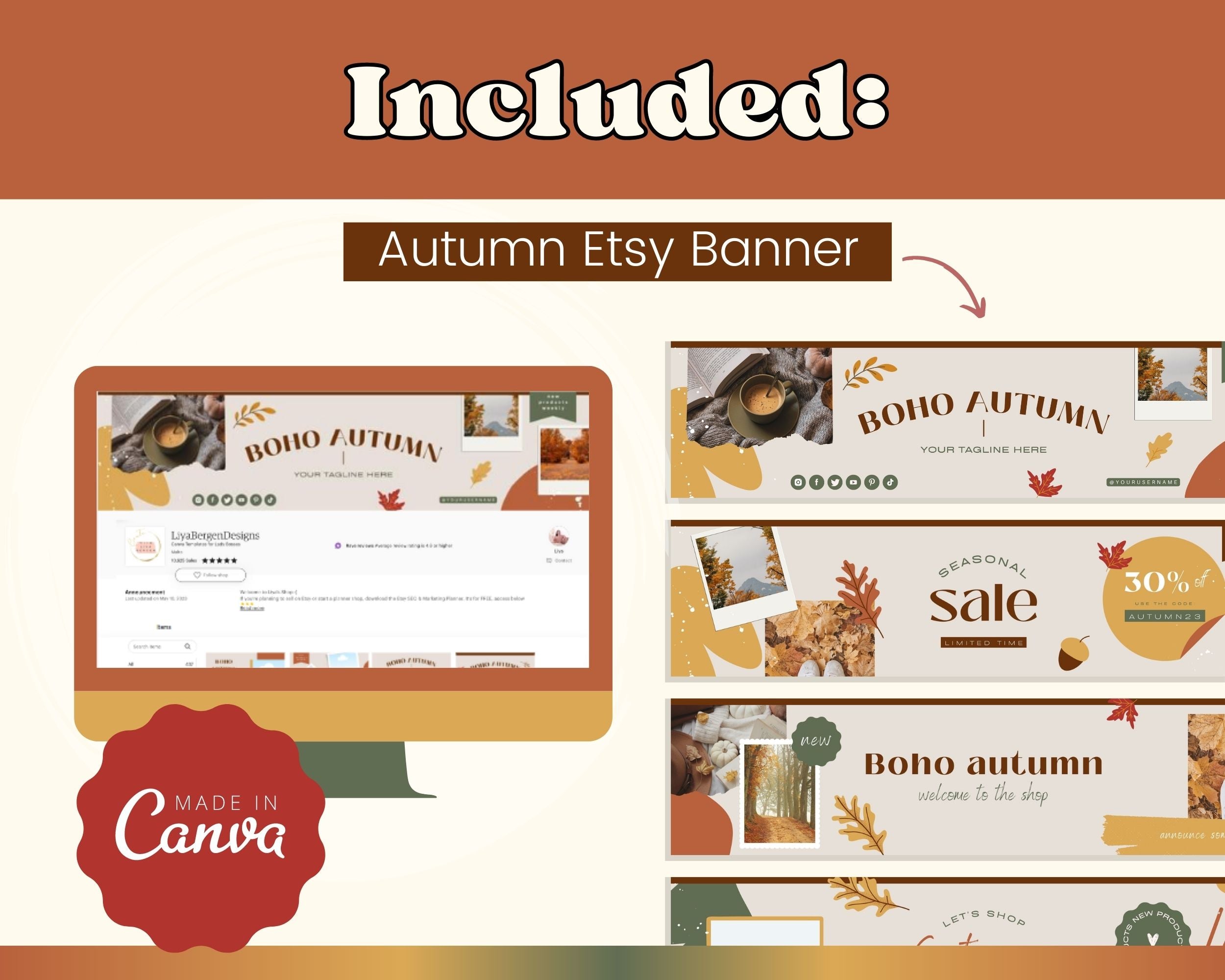 Autumn Boho Etsy Shop Banner Kit | Etsy Banner Canva Templates | Etsy Store Listing Design | Bright Etsy Branding | Etsy Success Kit