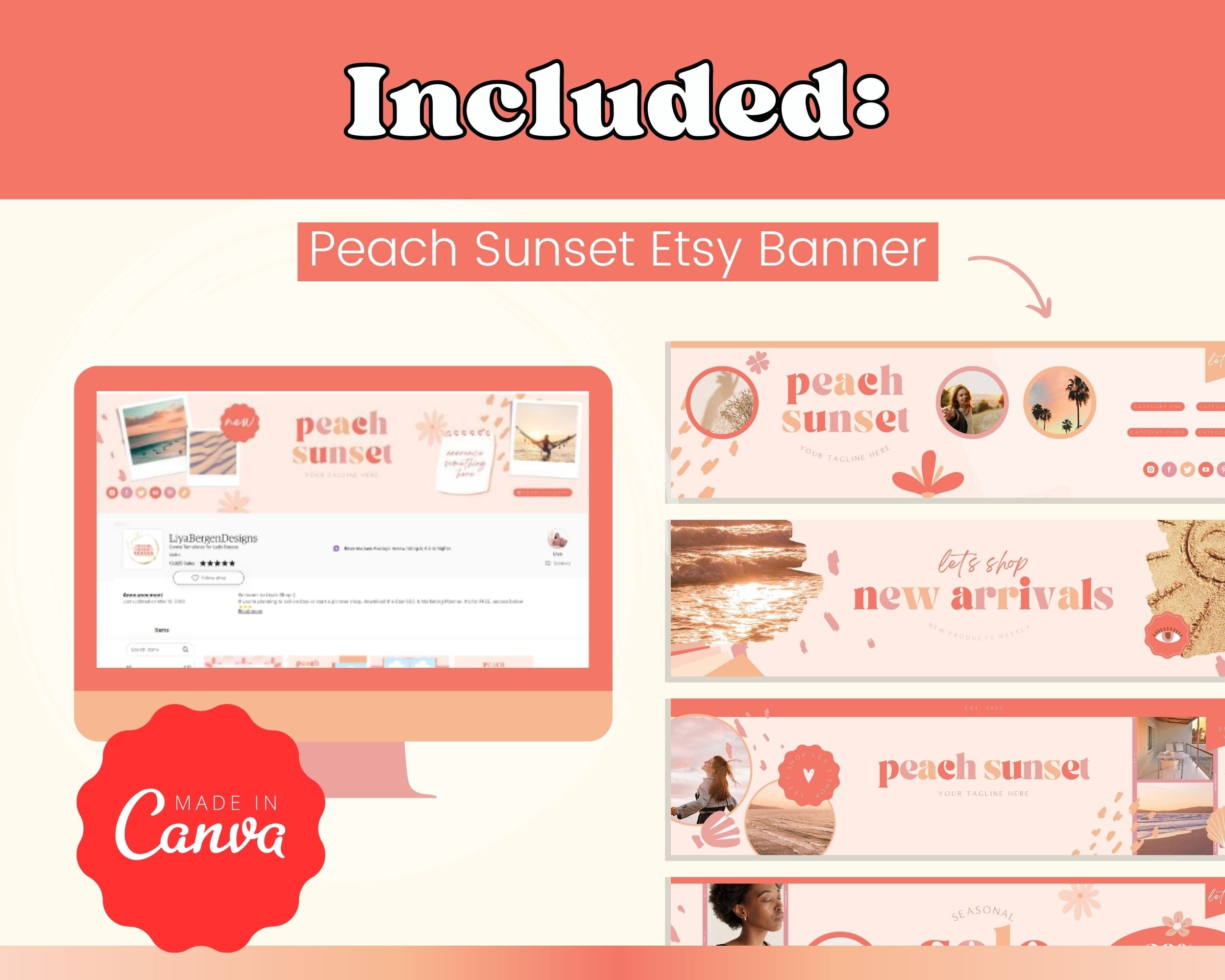 Peach Sunset Etsy Shop Banner Kit | Etsy Banner Canva Templates | Etsy Store Listing Design | Bright Etsy Branding | Etsy Success Kit