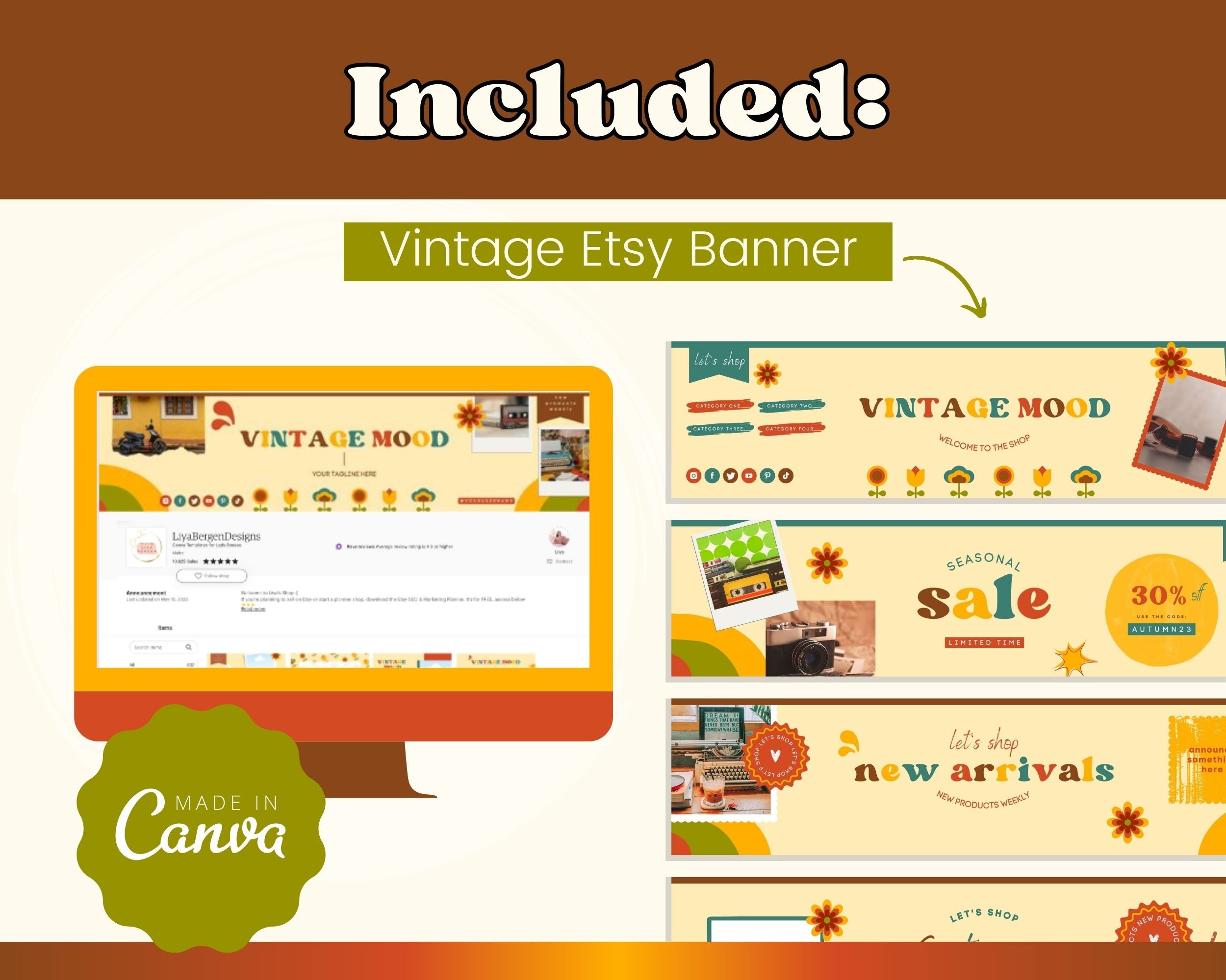 Vintage Etsy Shop Banner Kit | Etsy Banner Canva Templates | Etsy Store Listing Design | Bright Etsy Branding | Etsy Success Kit