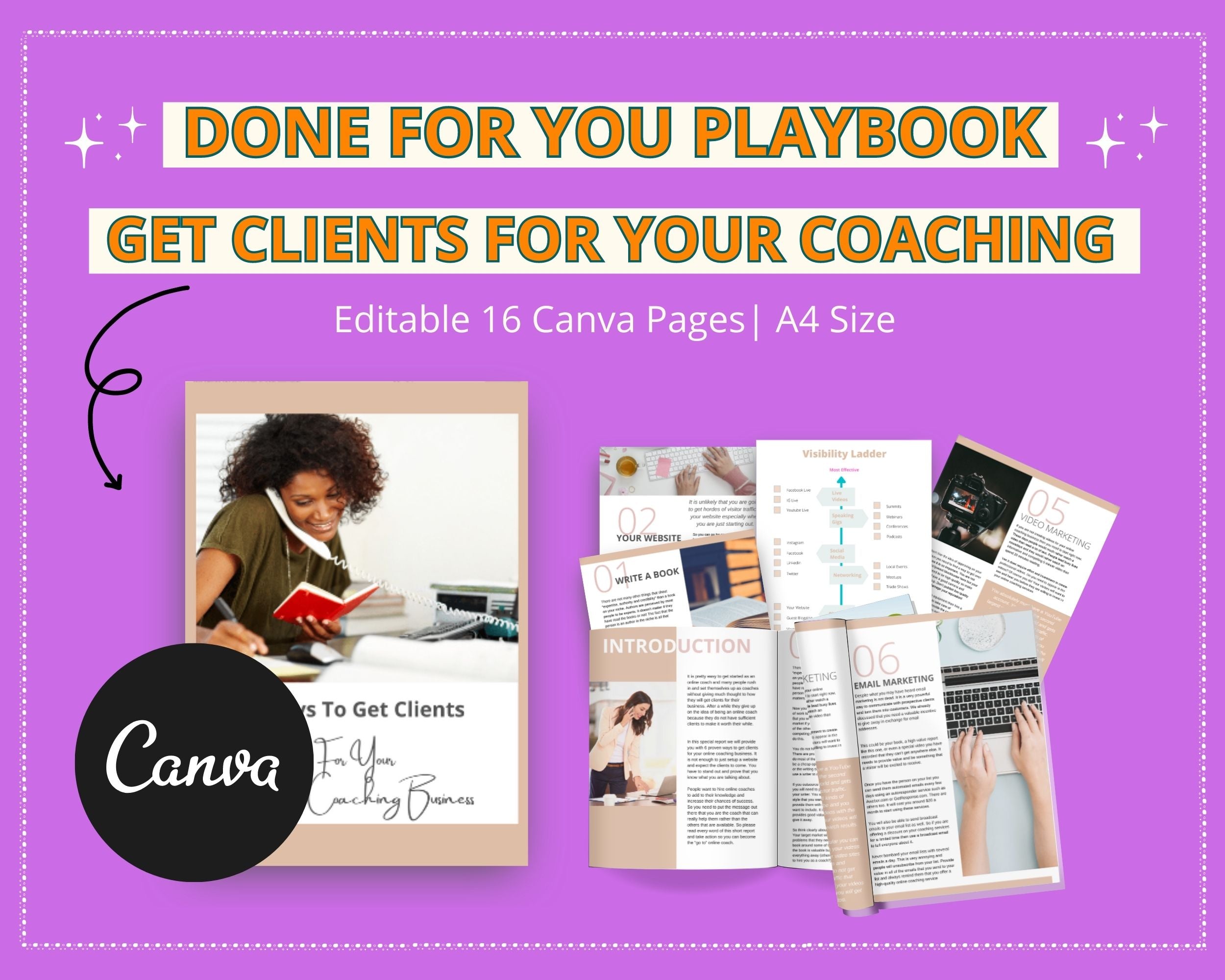 Done for You Get Coaching Clients Playbook in Canva | Editable A4 Size Canva Template