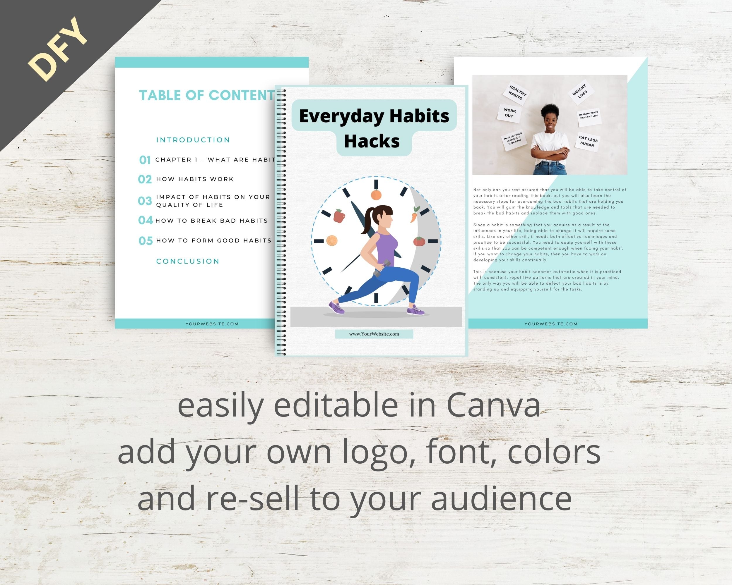 Editable Everyday Habits Hacks Ebook | Done-for-You Ebook in Canva | Rebrandable and Resizable Canva Template