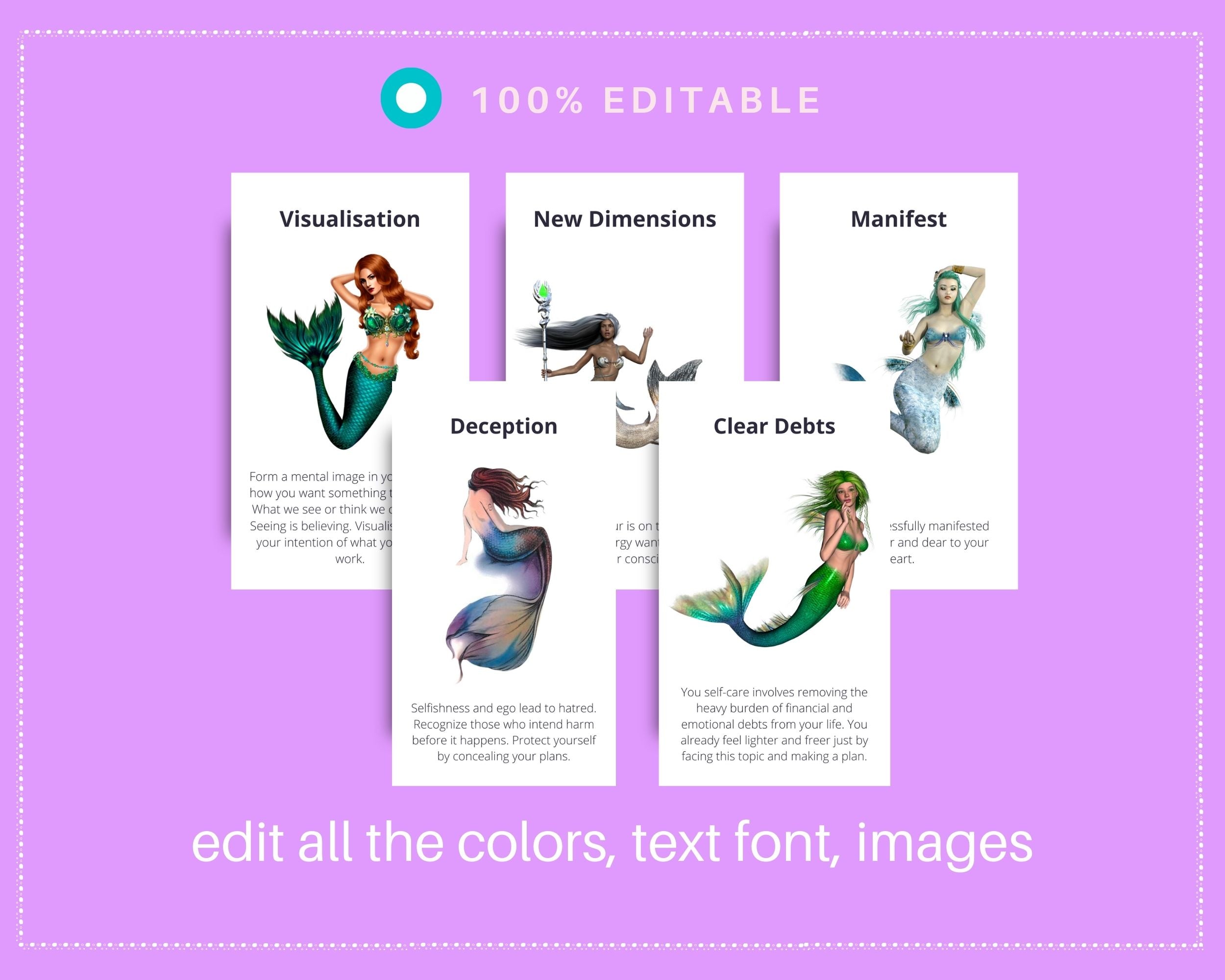 Self Love Mermaid Messages Oracle Card Deck | Editable 44 Card Deck in Canva | Size 2.75"x 4.75" | Commercial Use