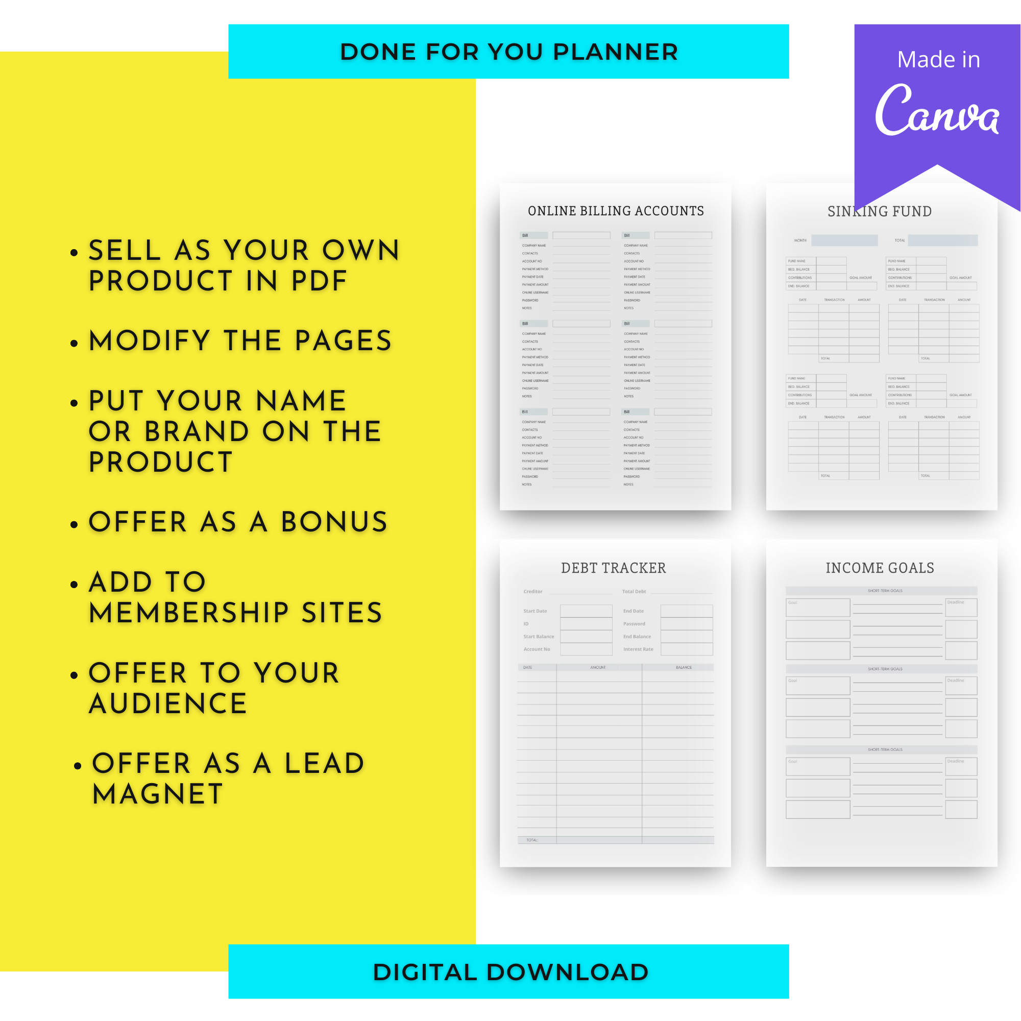Financial Budget Planner | Done For You Planner Canva Templates PLR Digital Download | Commercial Use