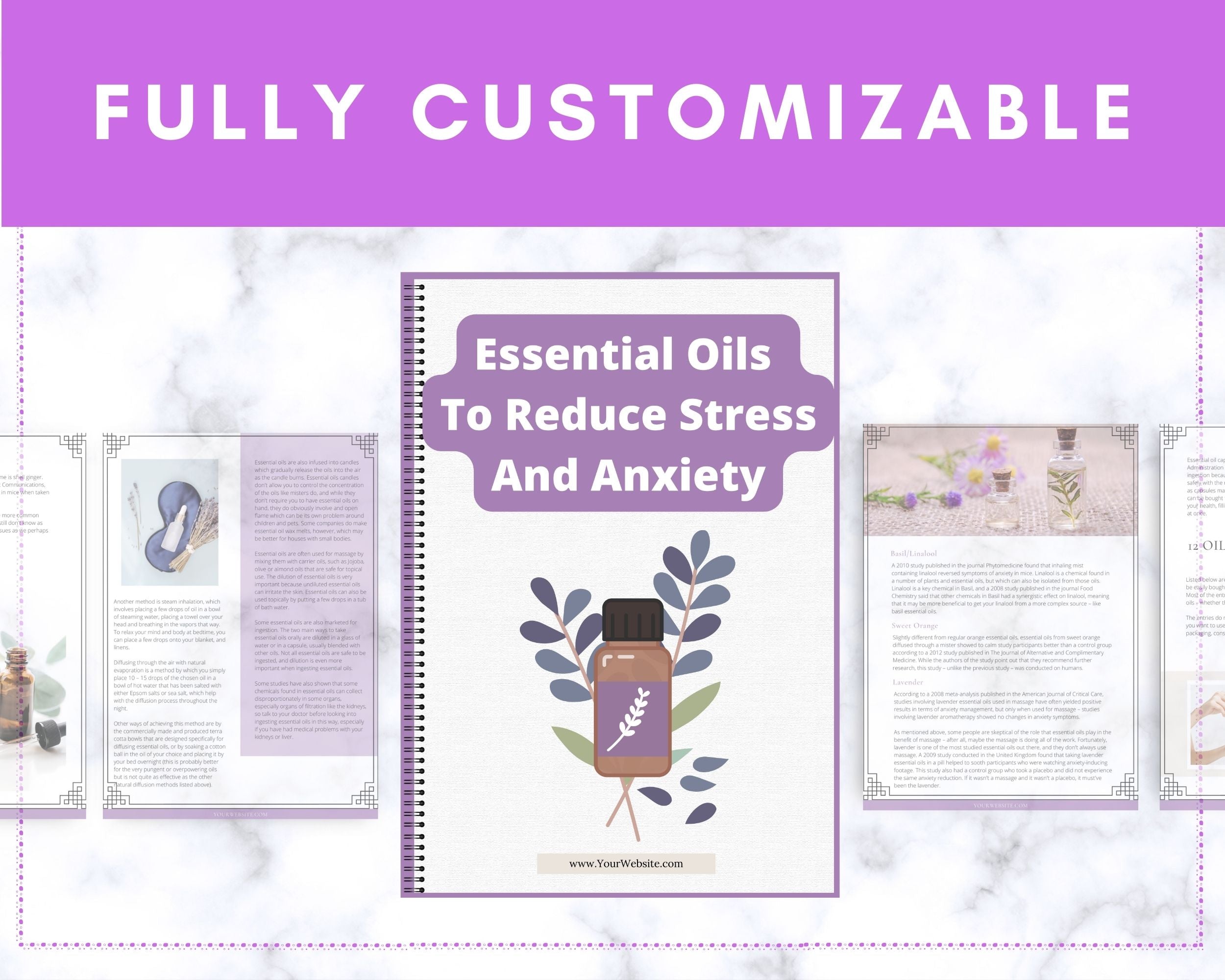 Editable Essential Oils To Reduce Stress And Anxiety Ebook | Done-for-You Ebook in Canva | Rebrandable and Resizable Canva Template