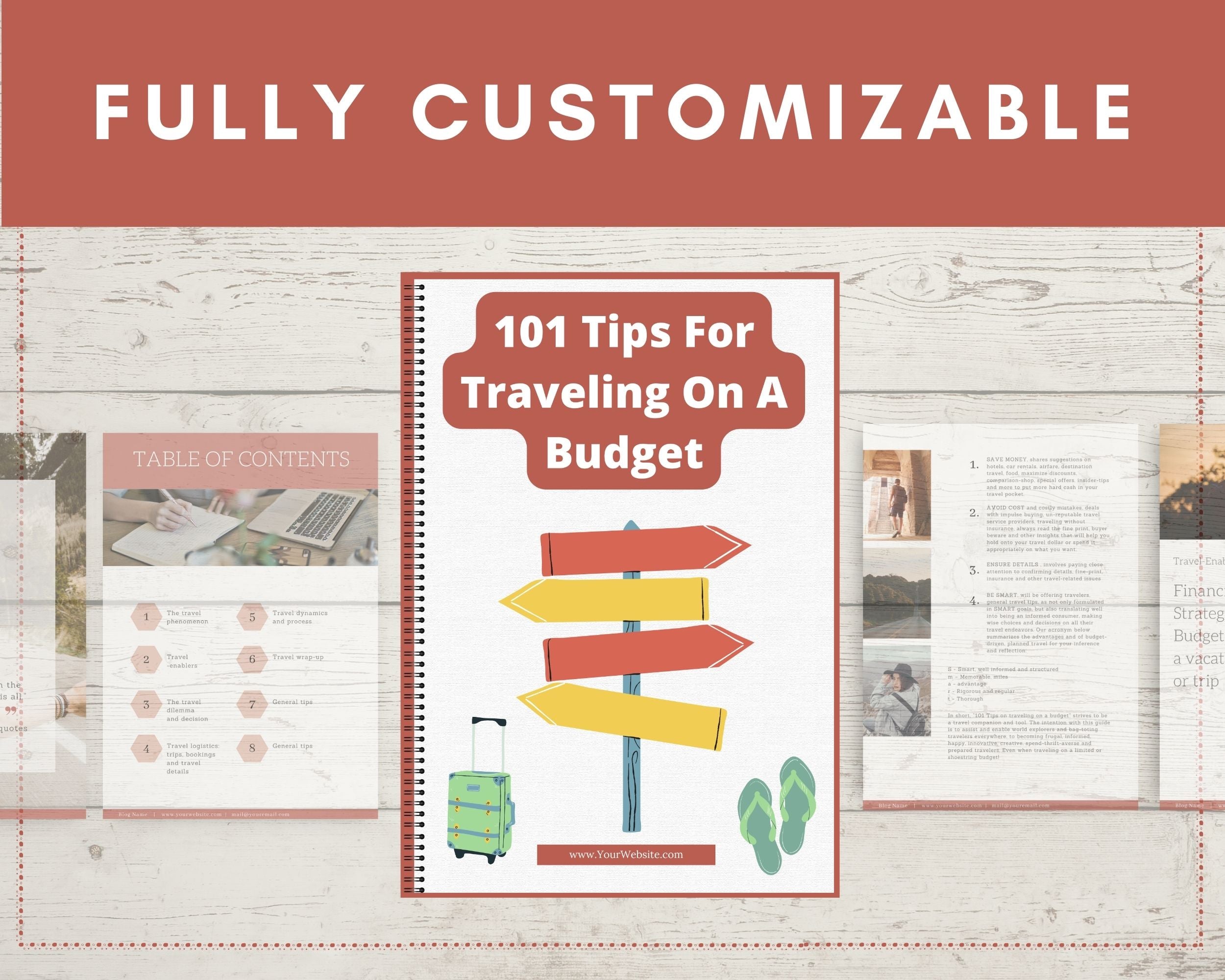 Editable 101 Tips For Traveling On A Budget Ebook in Canva | Rebrandable and Resizable Canva Template