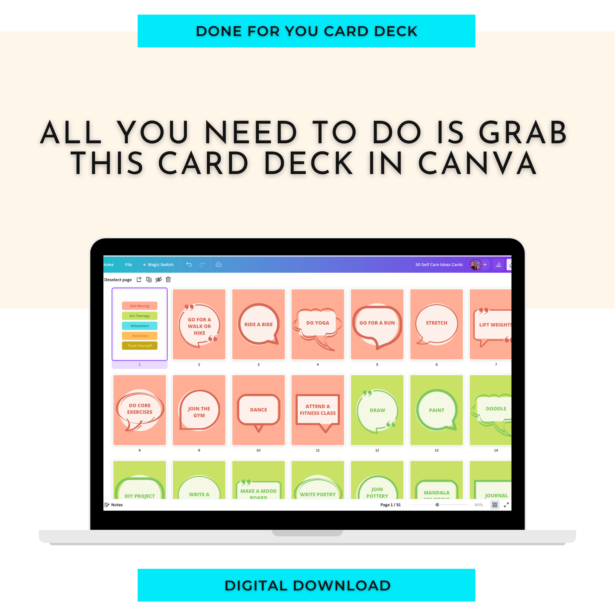 50 Self-Care Ideas Cards | Canva Inspirational Cards | Commercial Use