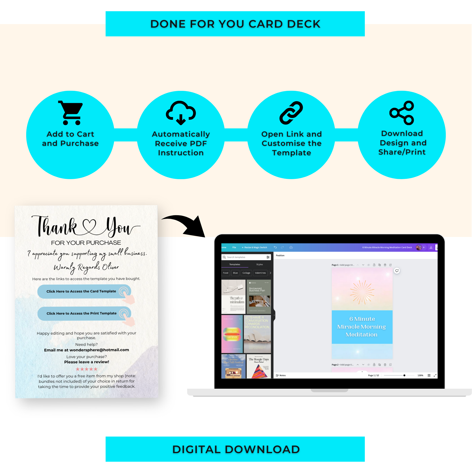 6 Minute Miracle Morning Meditation Prompts | Editable 12 Card Deck in Canva | Commercial Use