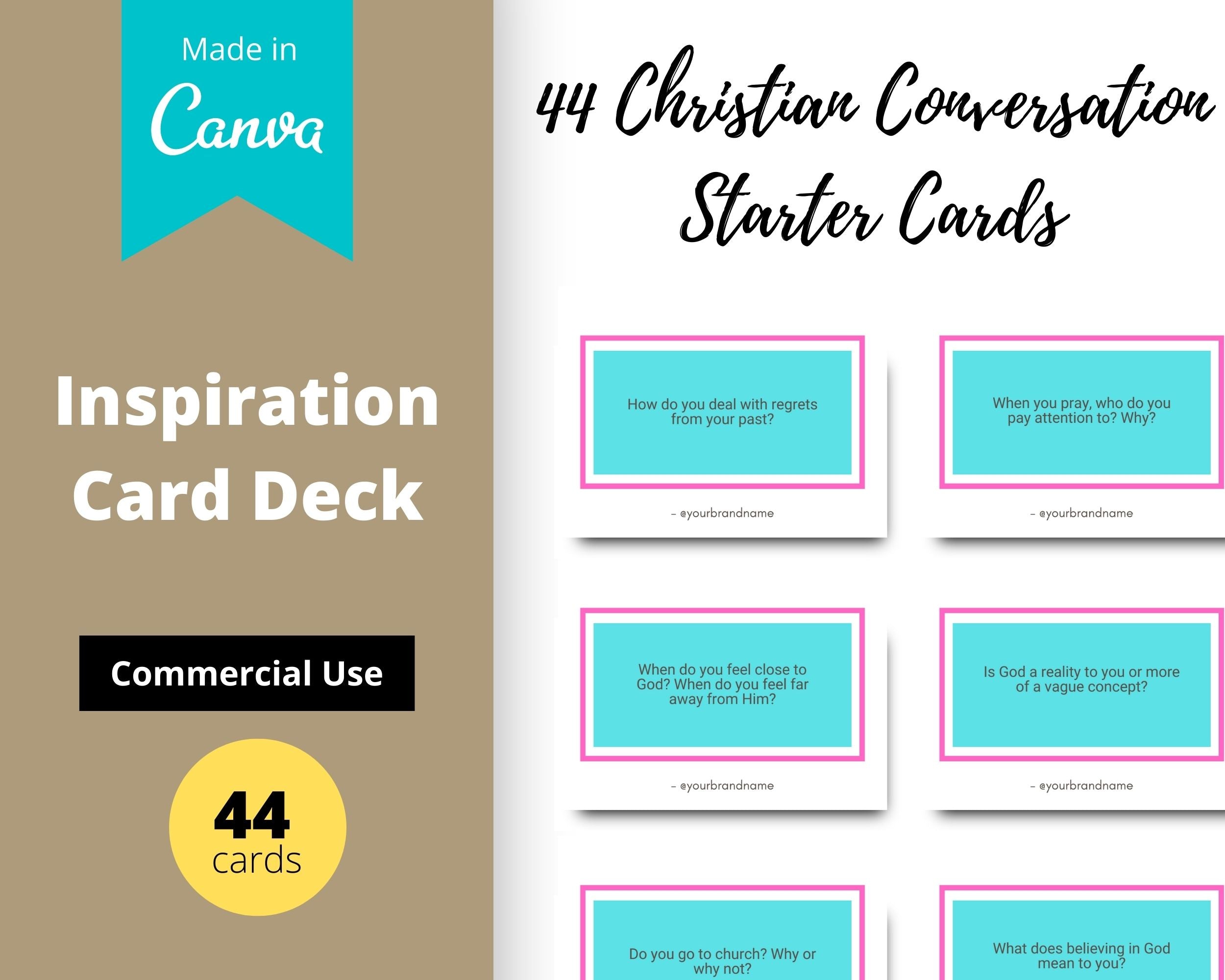 44 Christian Conversation Starter Cards | Canva Inspirational Cards | Commercial Use