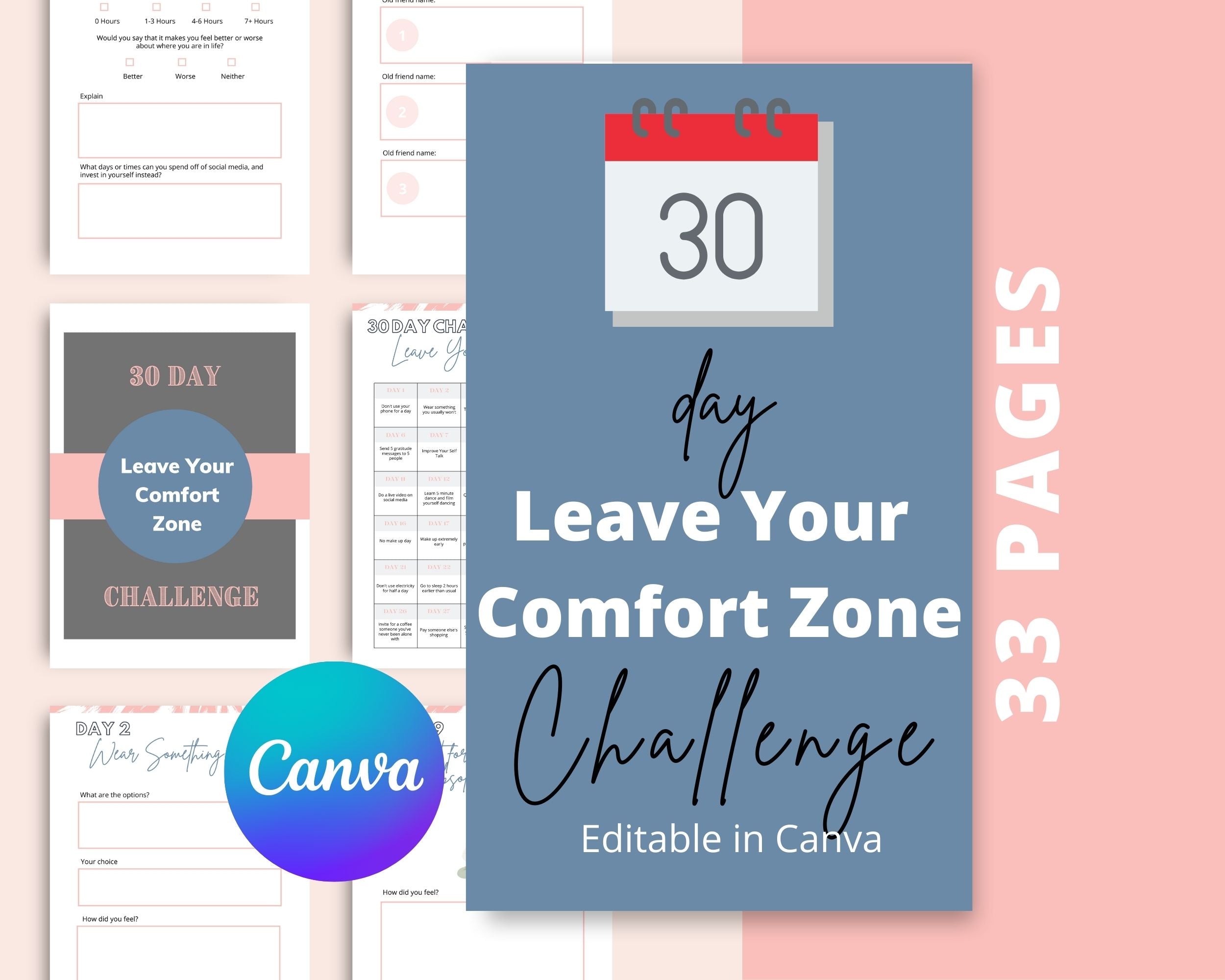 30-Day Leave Your Comfort Zone Challenge | Editable Canva Template A4 Size