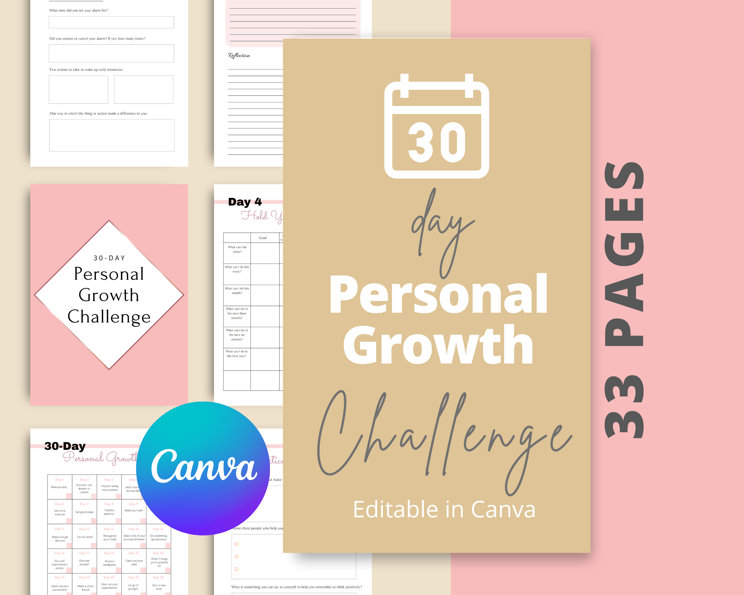 30-Day Personal Growth Challenge | Editable Canva Template A4 Size