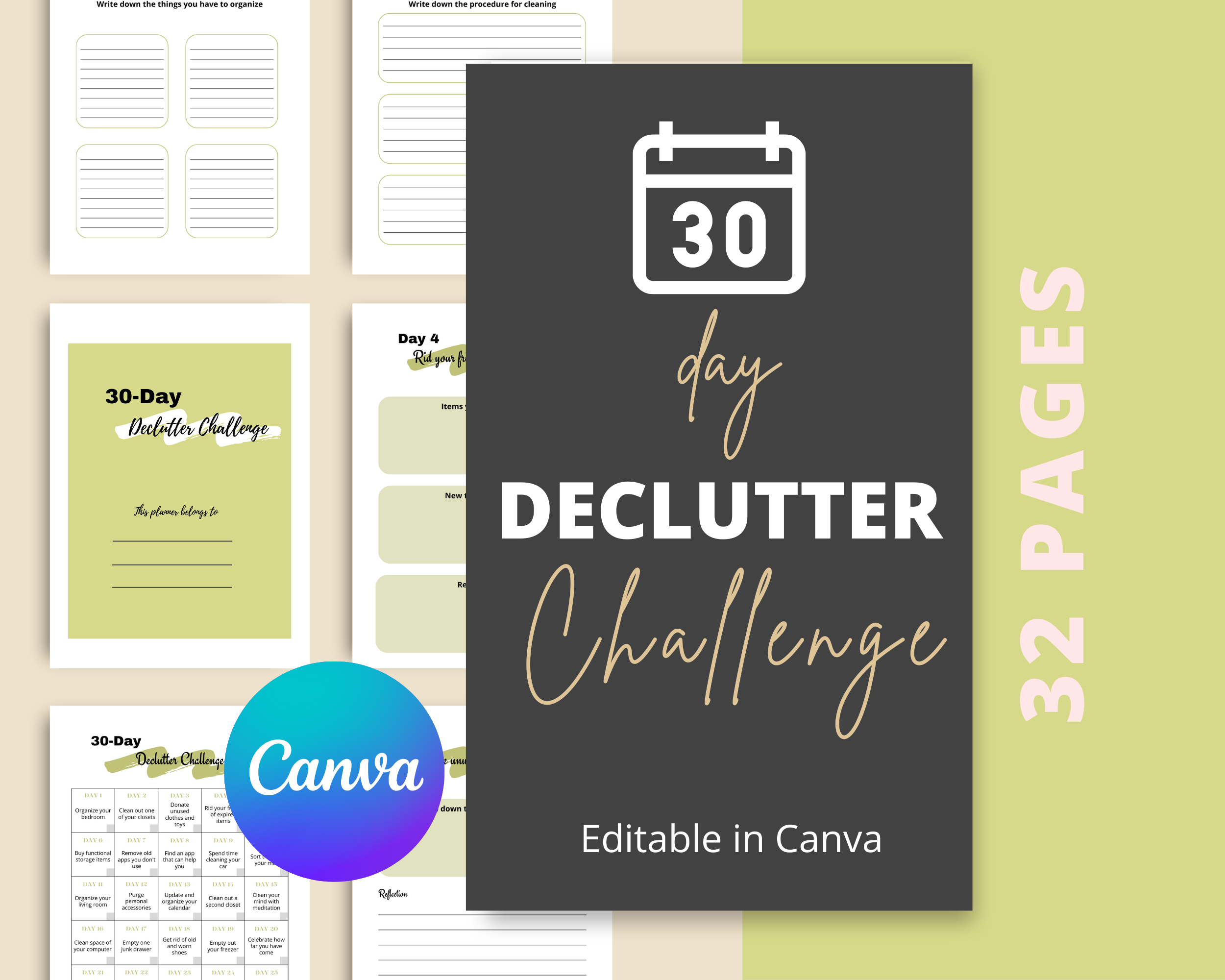 30-Day Declutter Challenge | Editable Canva Template A4 Size