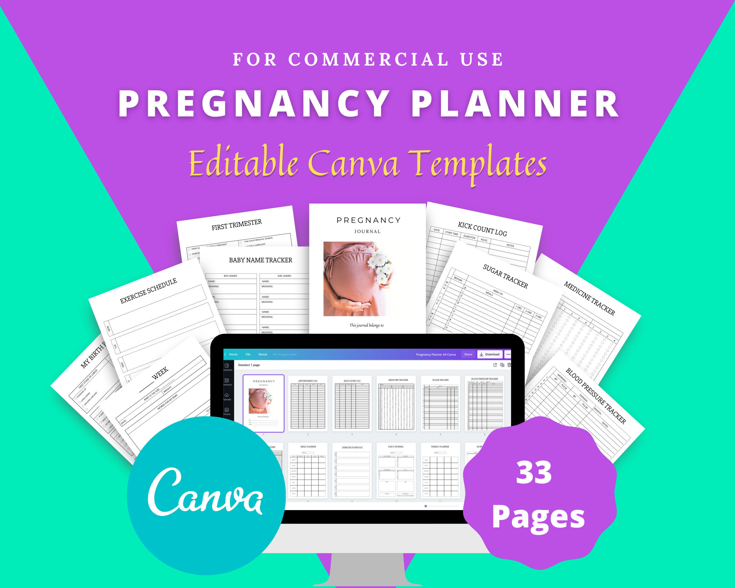 Editable Pregnancy Planner Templates in Canva | New Mom Planner Templates | Commercial Use