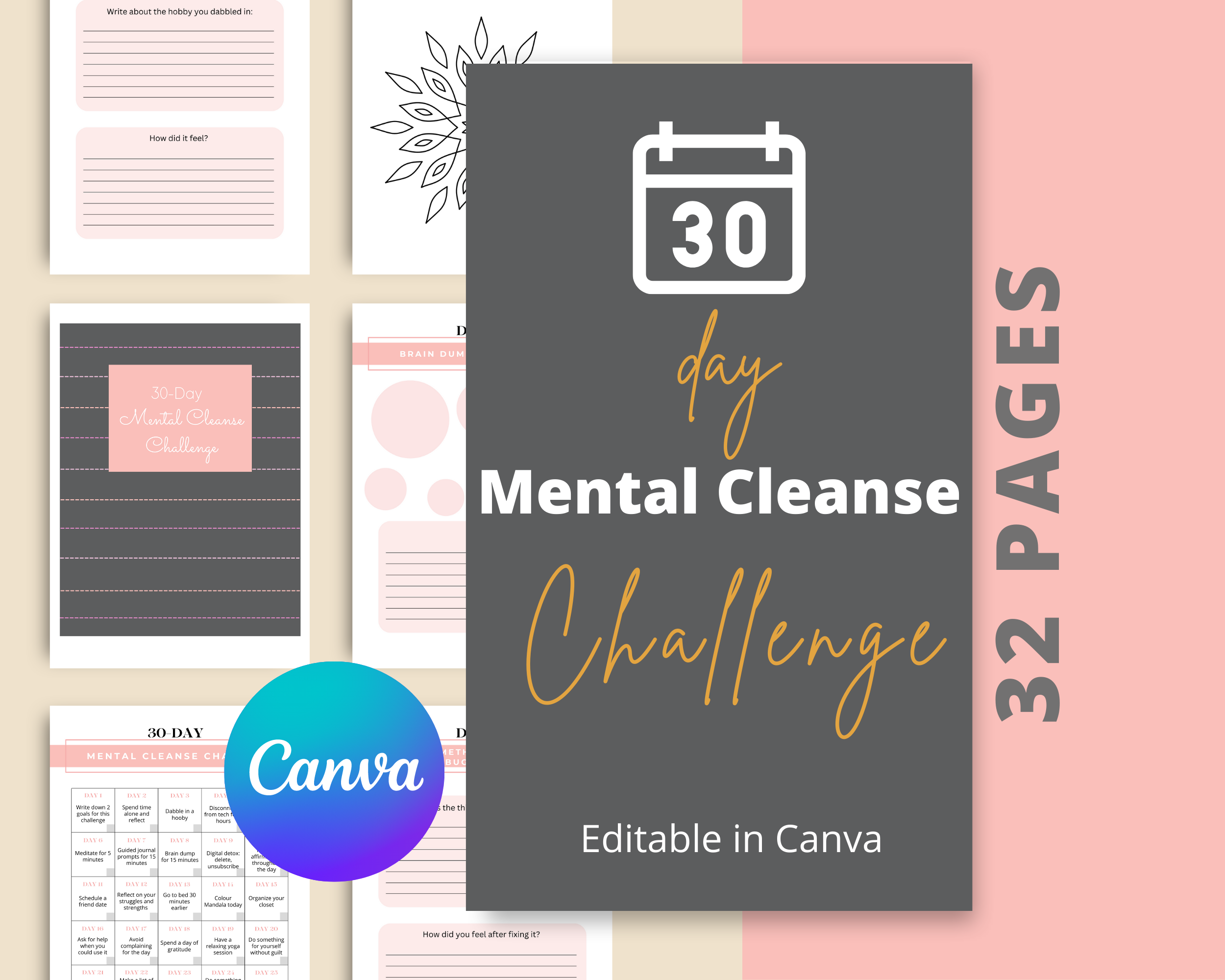 30-Day Mental Cleanse Challenge | Editable Canva Template A4 Size