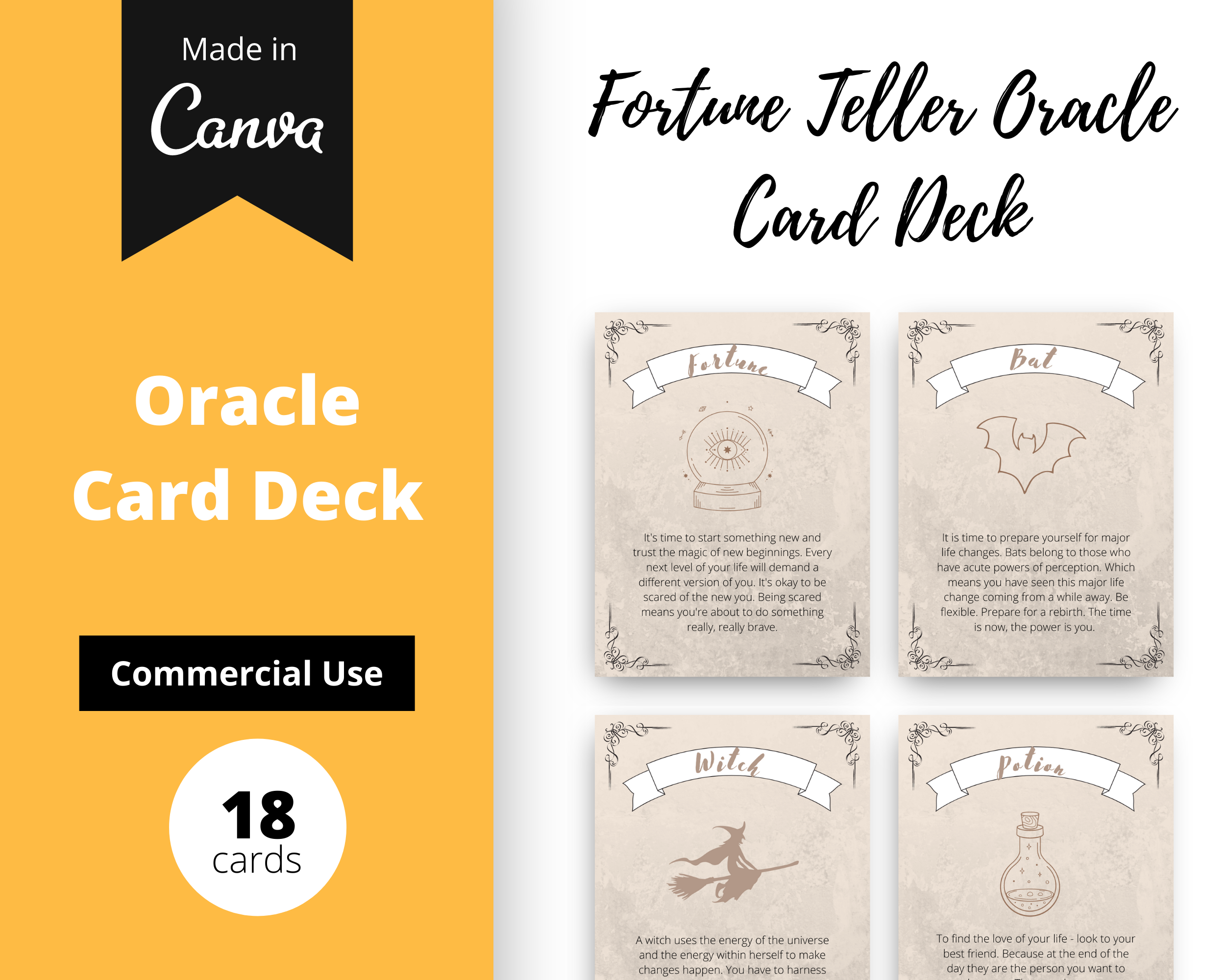 Fortune Teller Oracle Card Deck | Editable 18 Card Deck in Canva | Size 3"x4" | Commercial Use