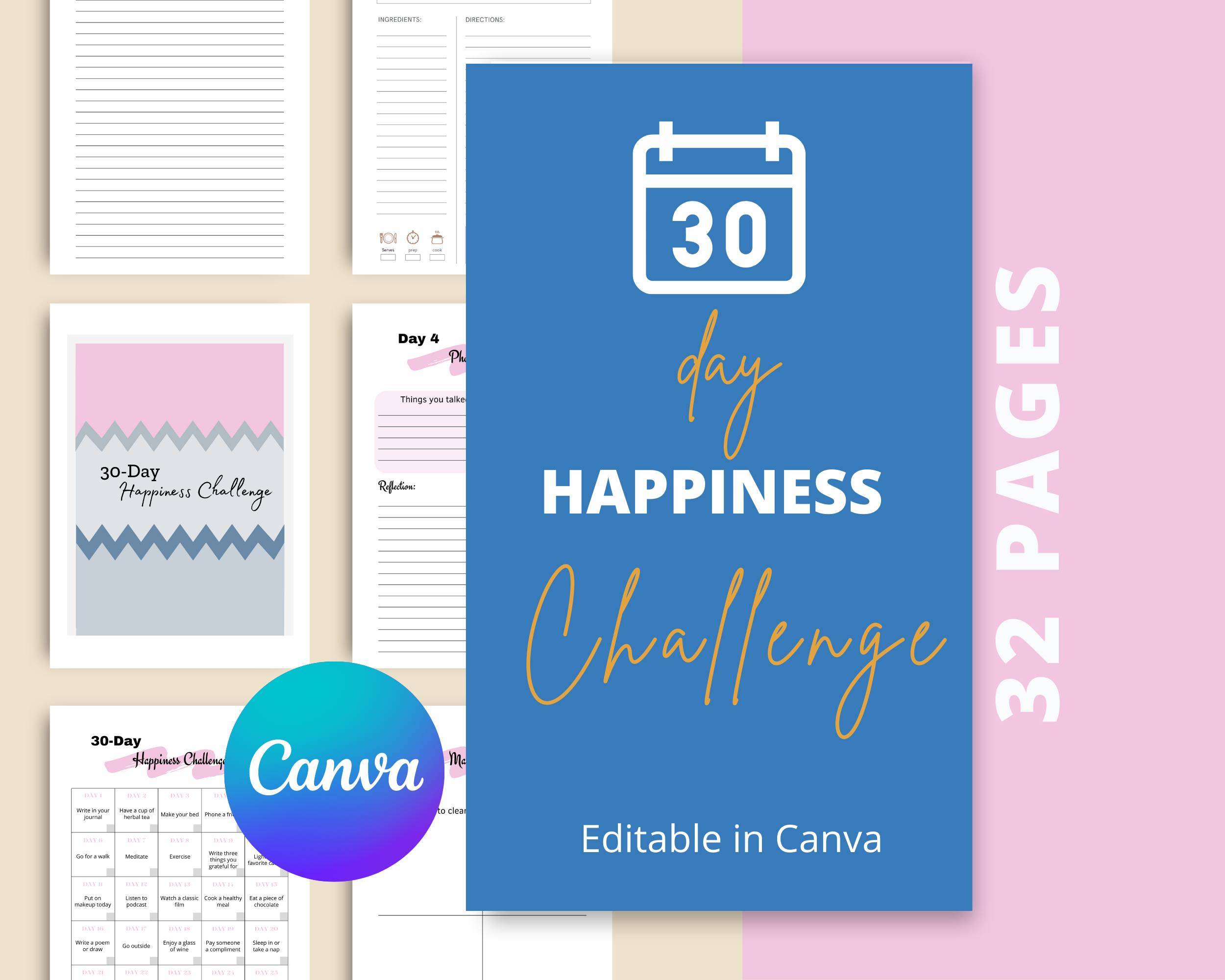 30-Day Happiness Challenge | Editable Canva Template A4 Size
