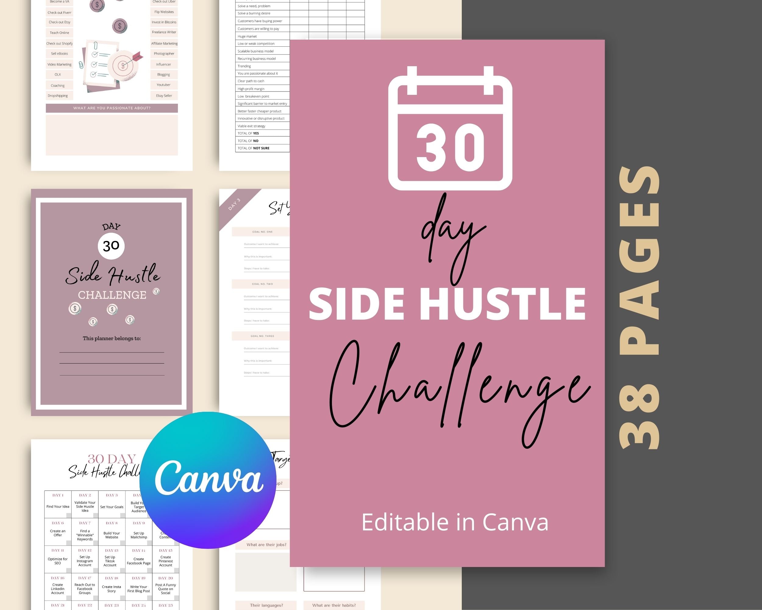 30 Day Side Hustle Challenge | Work From Home Journal | Solopreneur Planner | Editable Canva Template A4 Size
