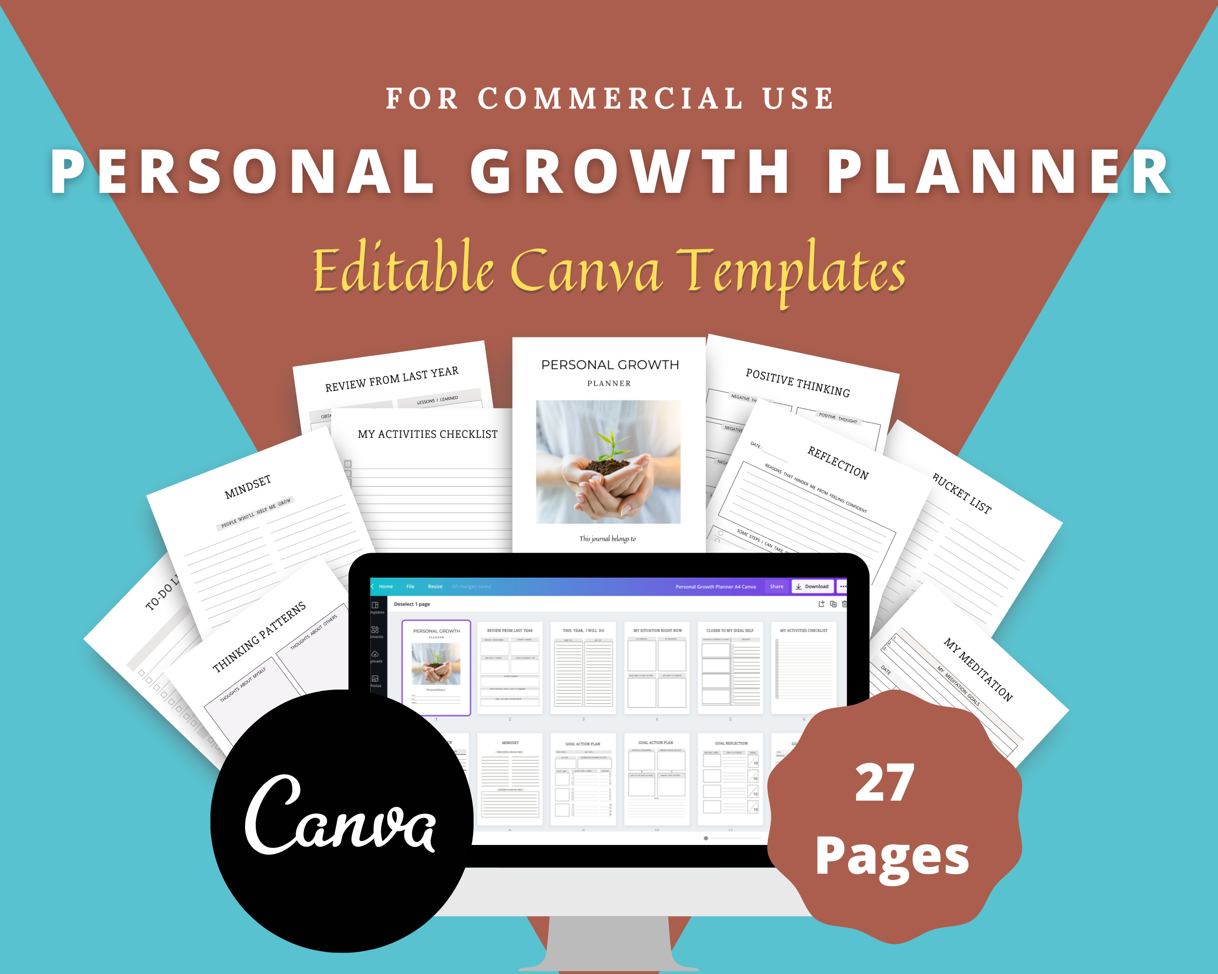 Editable Personal Growth Planner Templates in Canva | Commercial Use