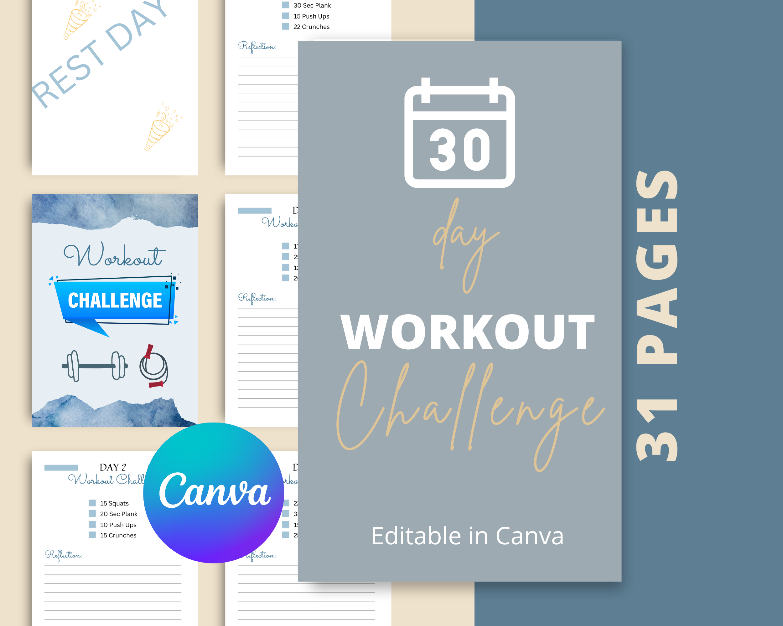 30-Day Workout Challenge | Editable Canva Template A4 Size