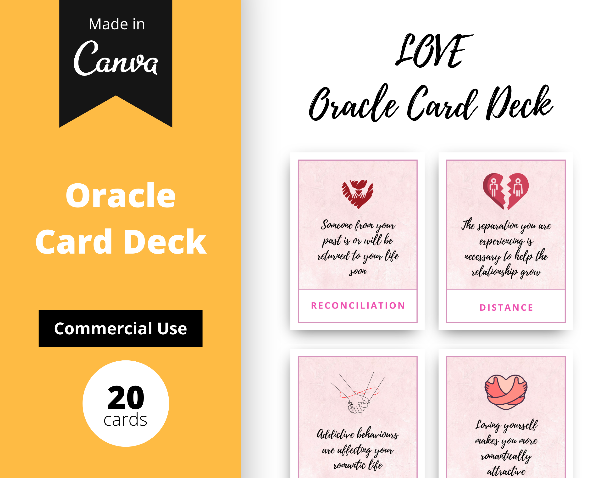 Love Oracle Card Deck | Editable 20 Card Deck in Canva | Size 2"x 2.7" | Commercial Use
