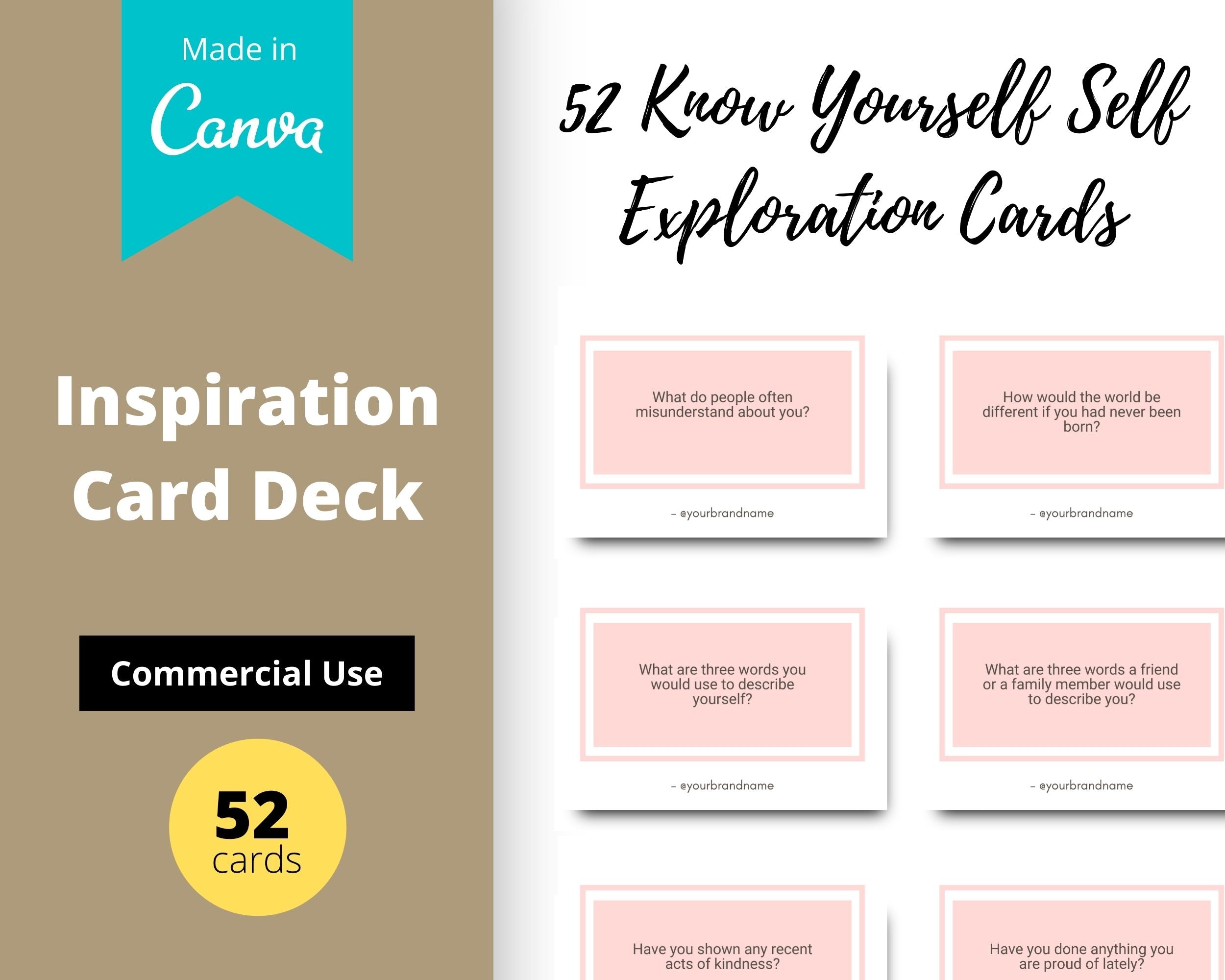 52 Know Yourself Self Exploration Cards | Canva Inspirational Cards | Commercial Use