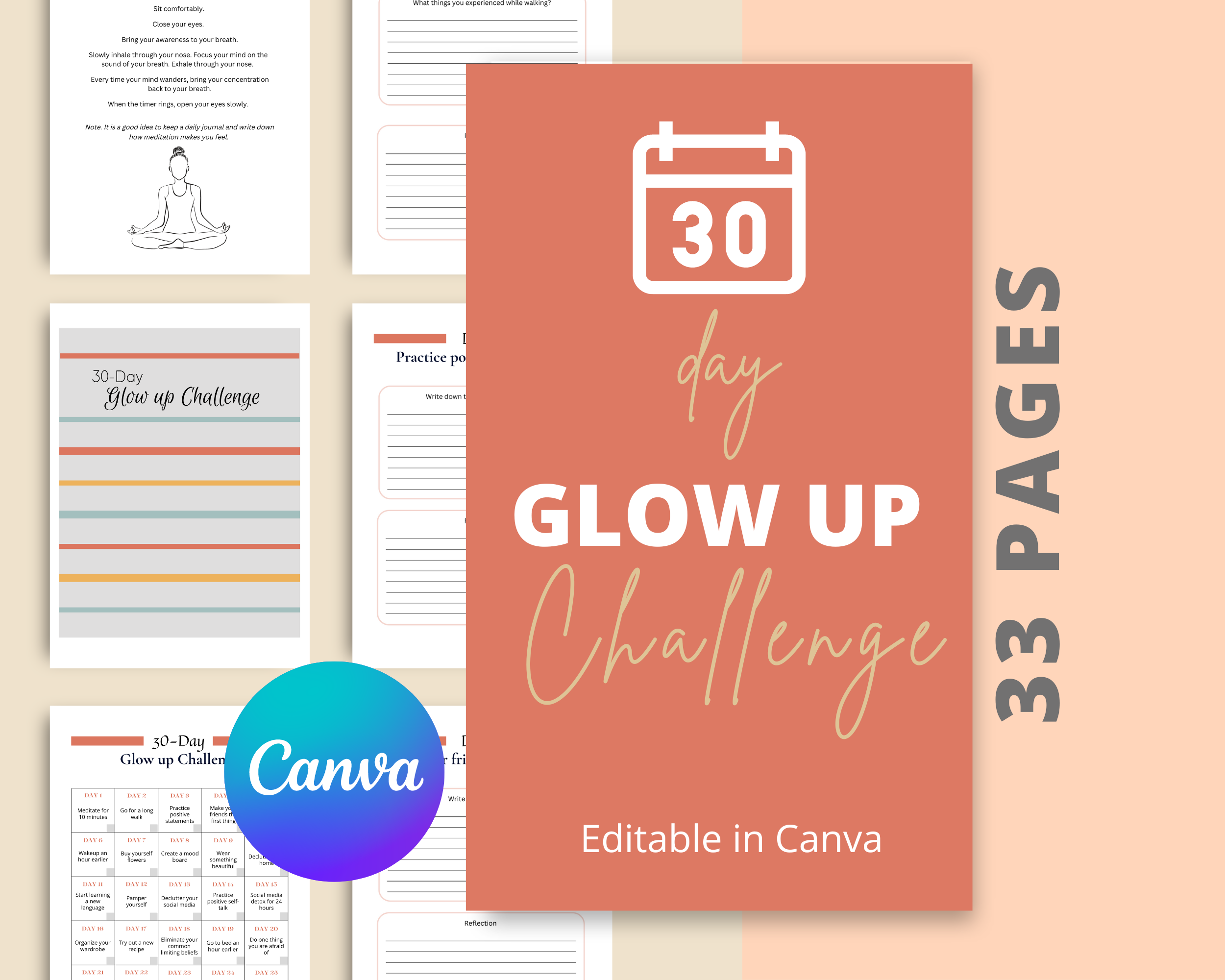 30-Day Glow up Challenge | Editable Canva Template A4 Size