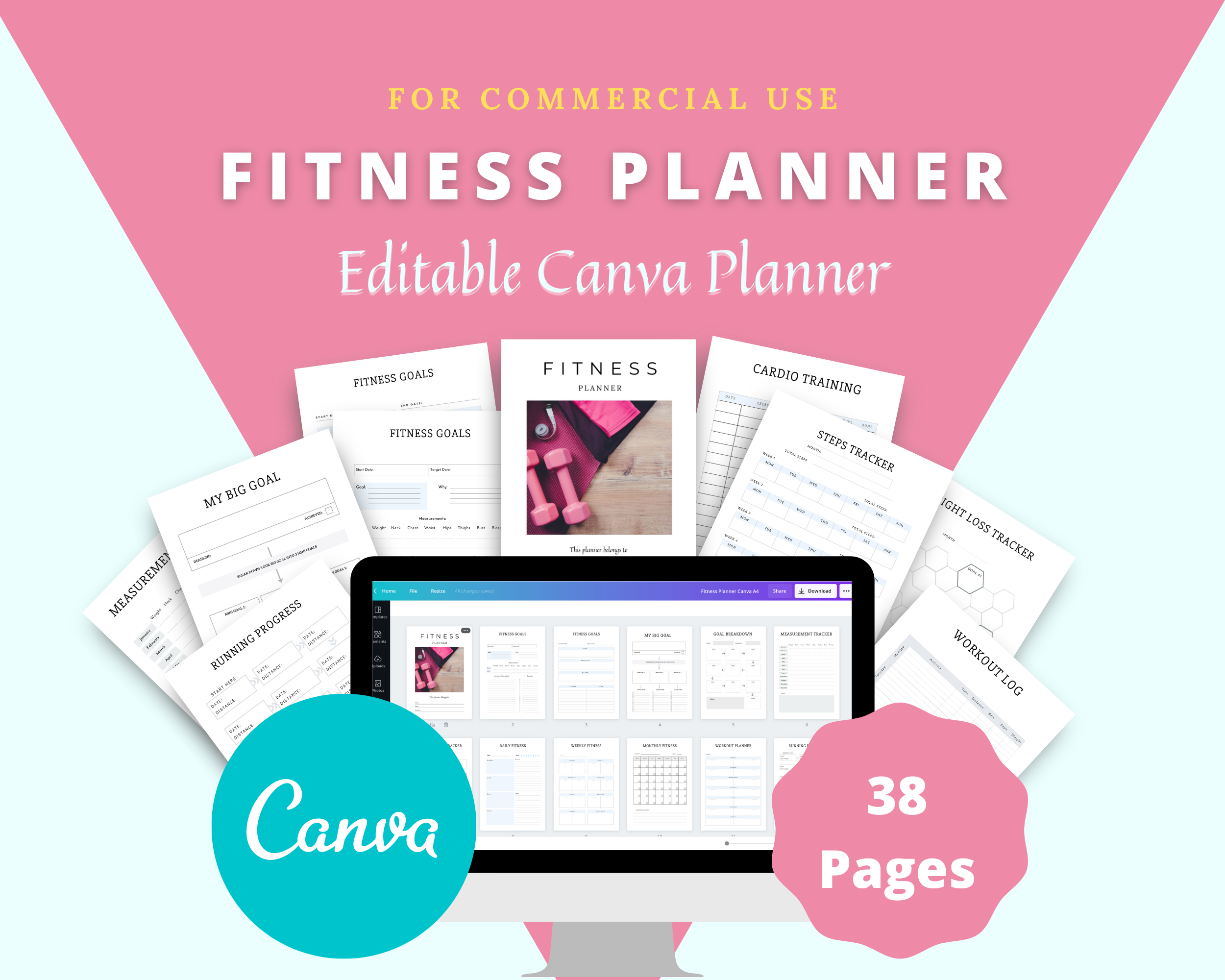 Editable Fitness Planner in Canva | Commercial Use