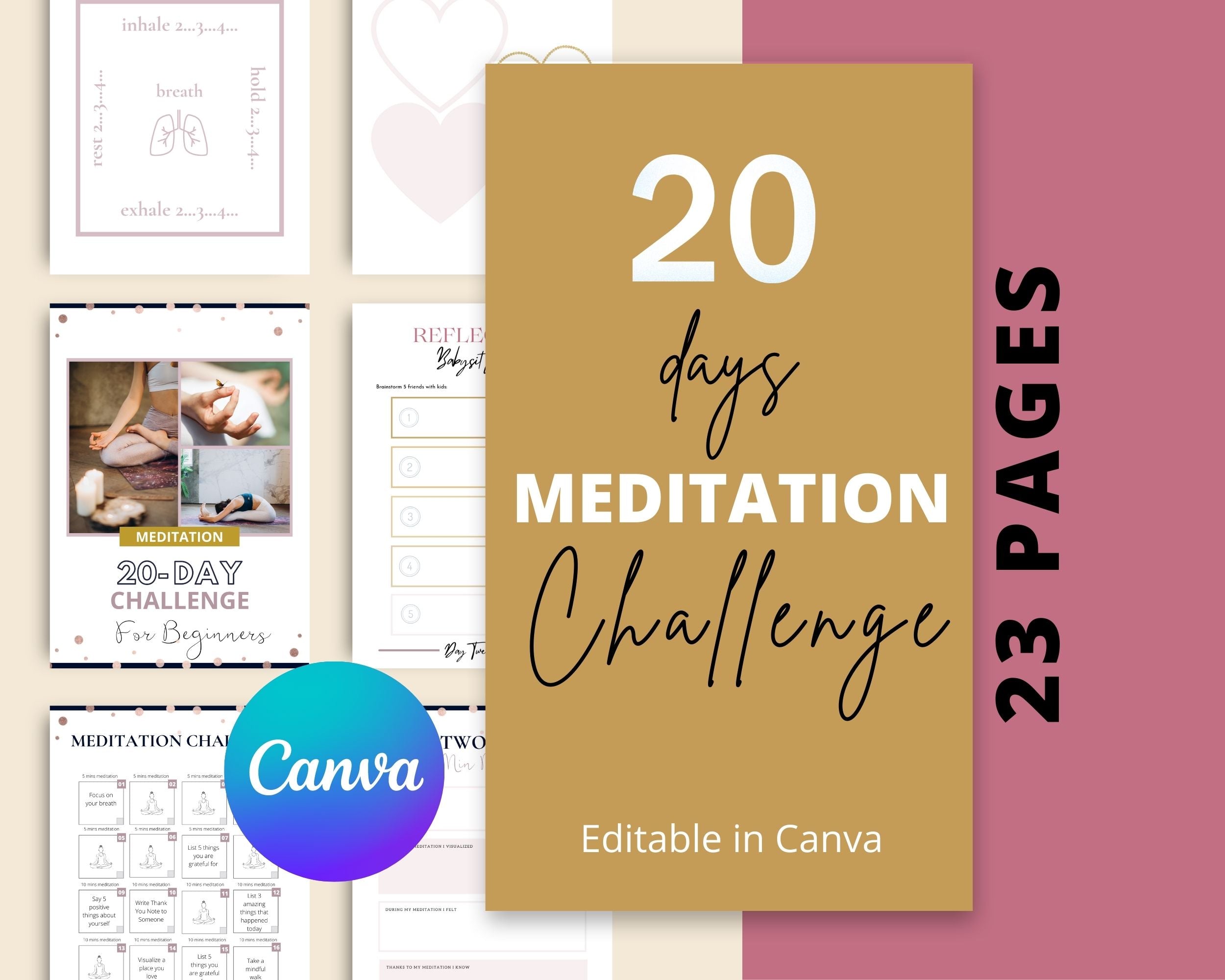 20 Days Meditation Challenge | Meditation Challenge Plan for Beginners | Editable Canva Template A4 Size