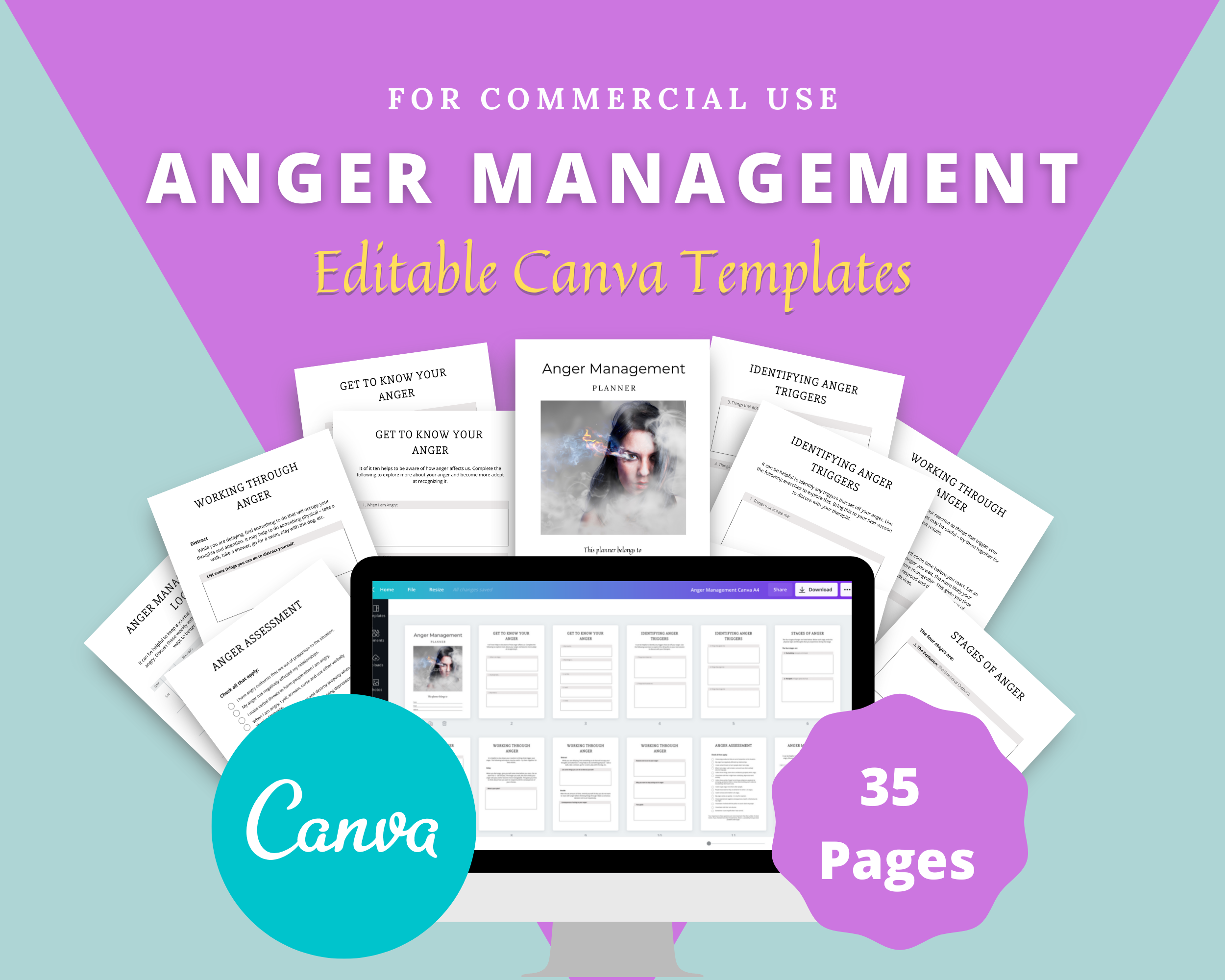 Editable Anger Management Planner in Canva | Commercial Use