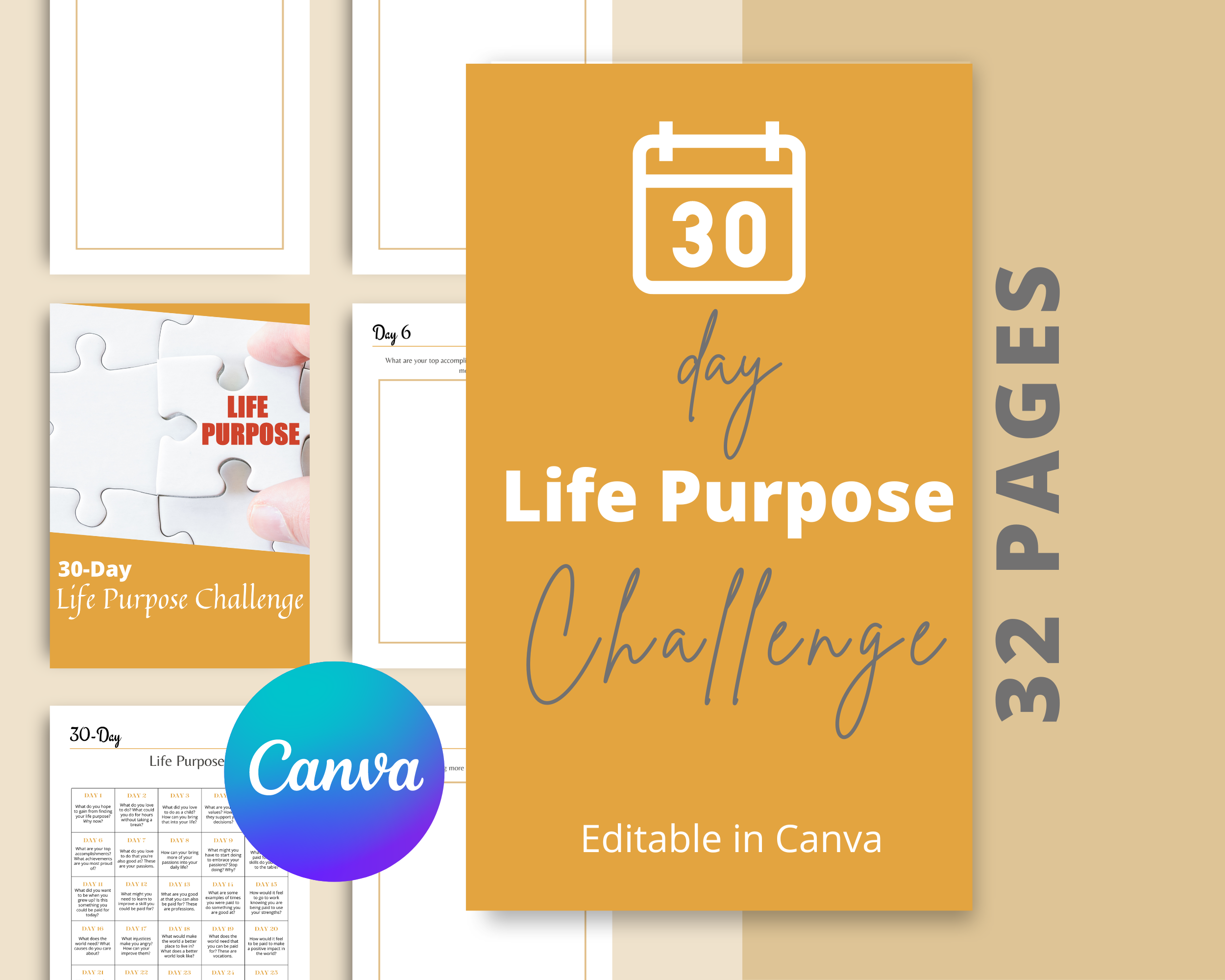 30-Day Life Purpose Challenge | Editable Canva Template A4 Size
