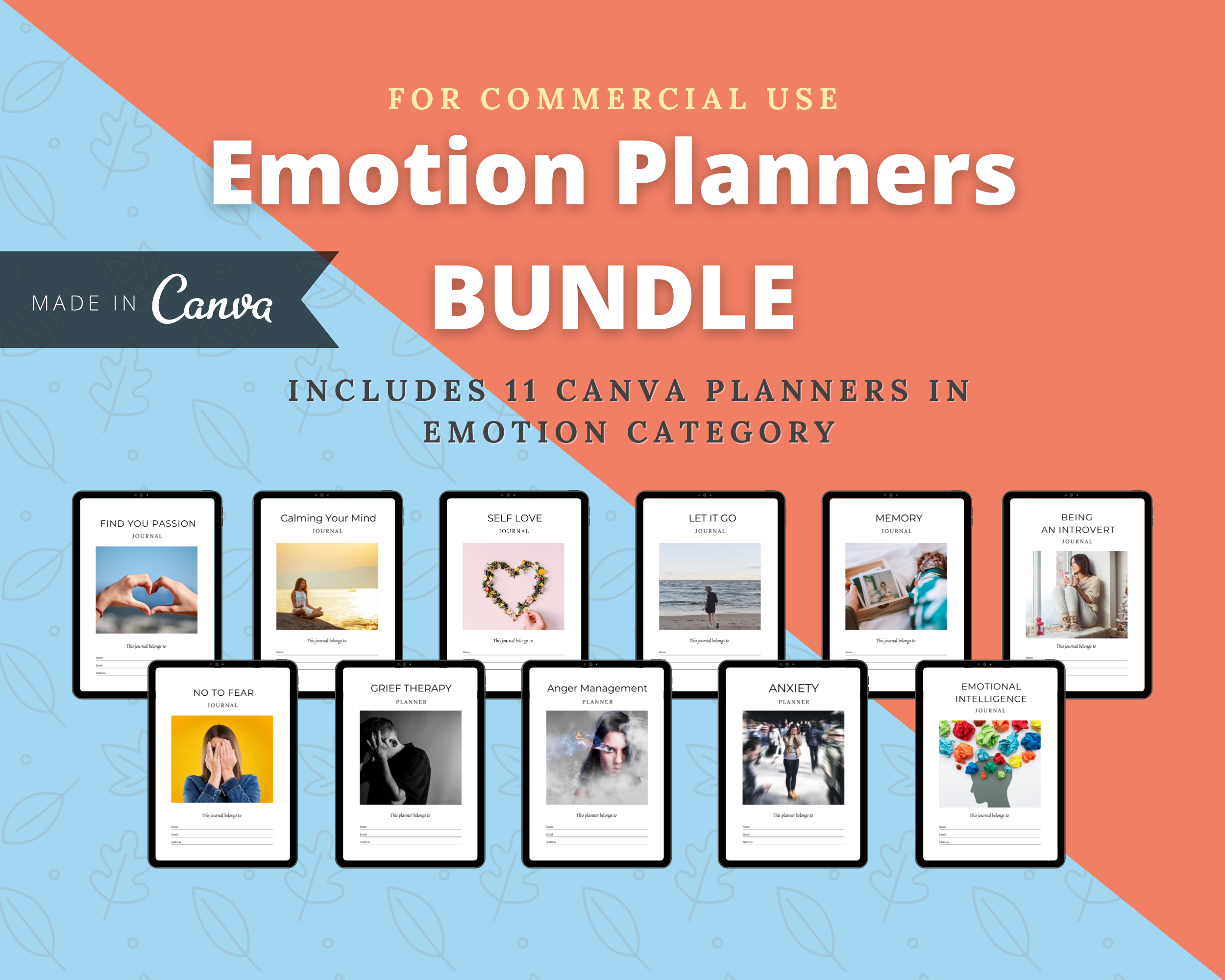 BUNDLE of 11 Emotion Journals in Canva | Customizable | Editable Canva Templates | Commercial Use | Emotion Planners