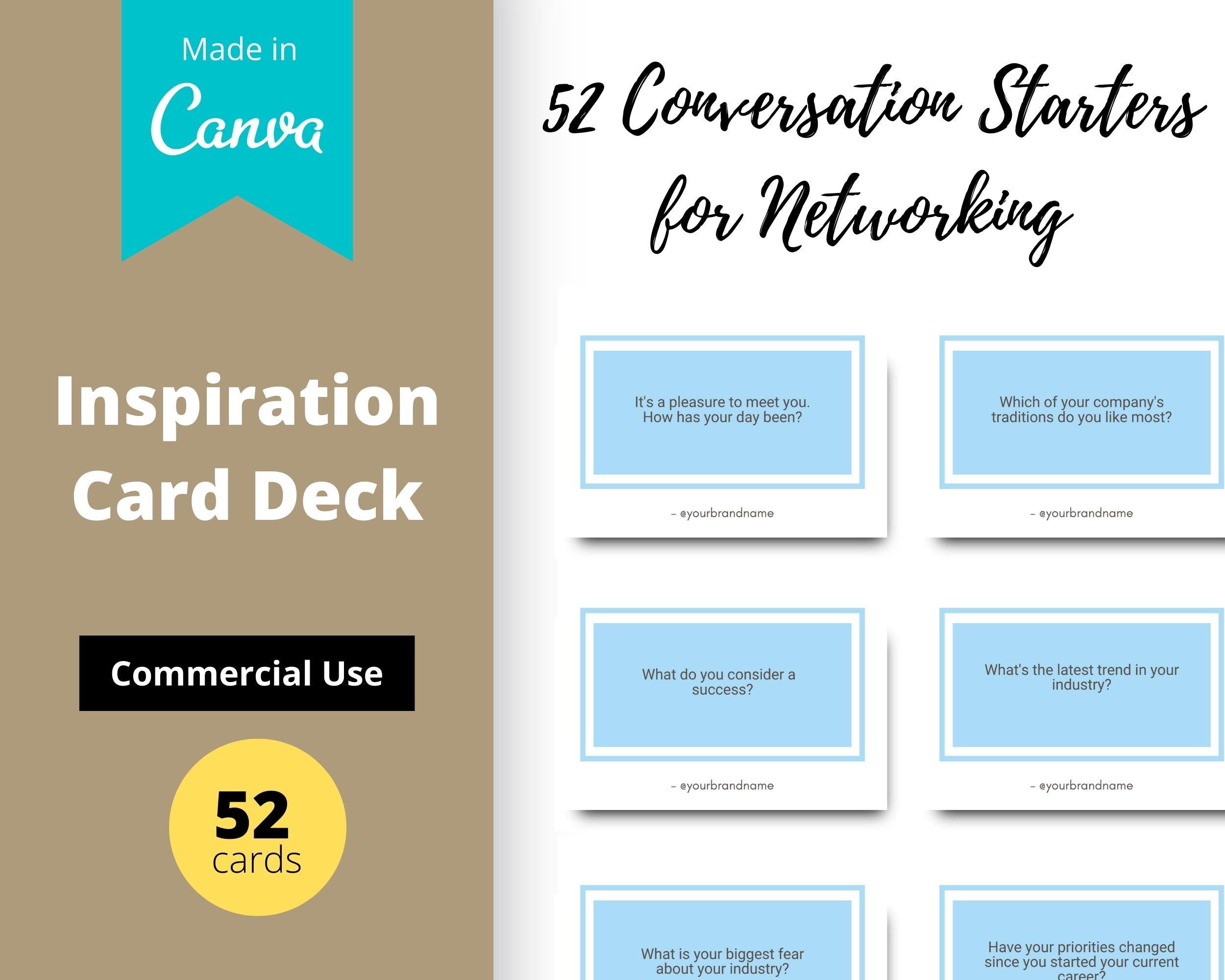 52 Conversation Starters for Networking Professionals | Canva Inspirational Cards | Commercial Use
