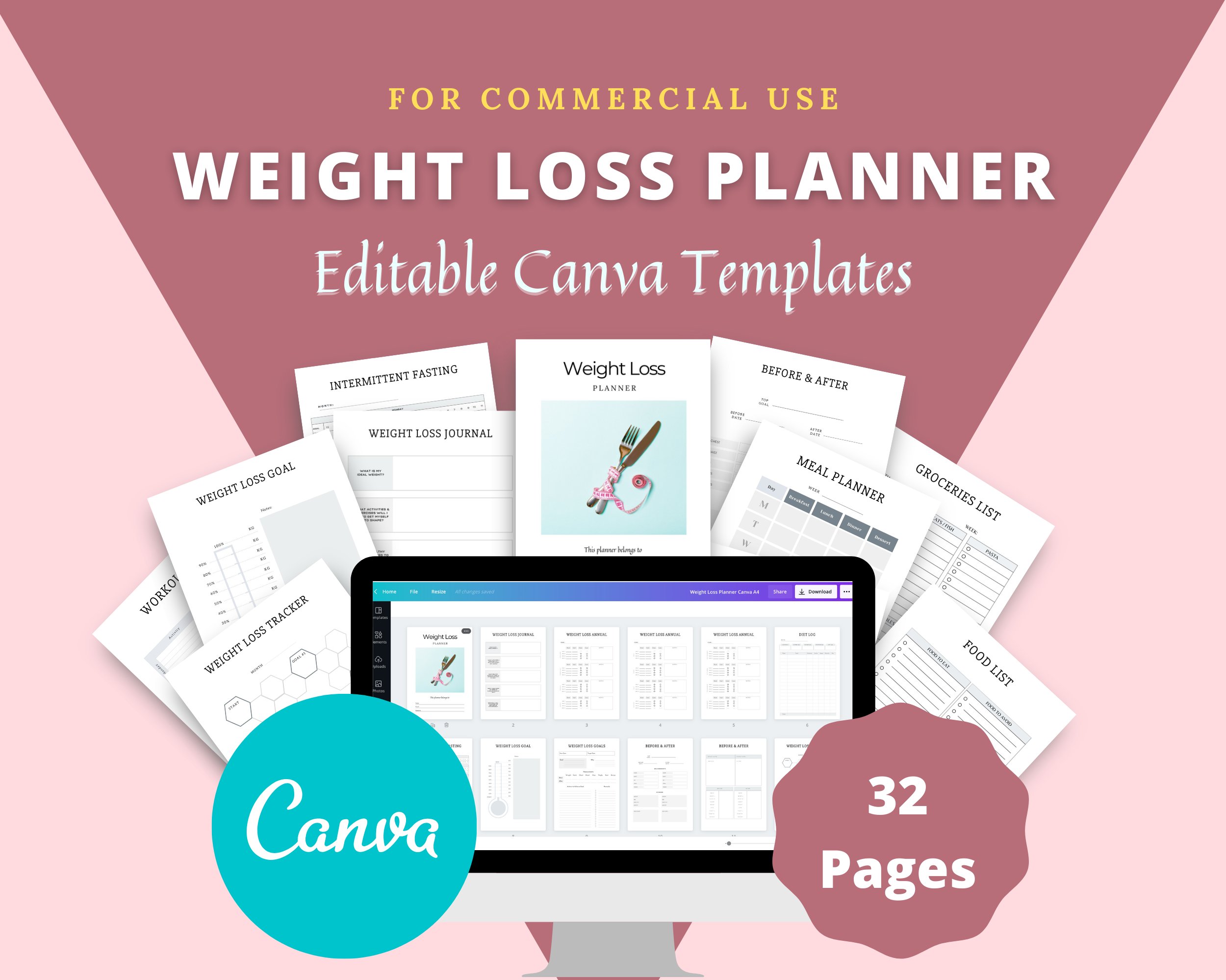 Editable Weight Loss Planner in Canva | Commercial Use