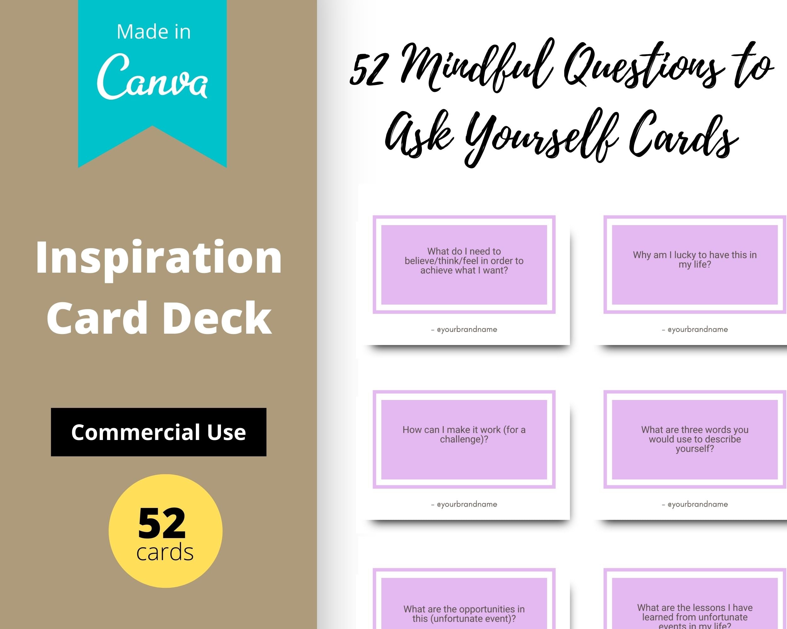 52 Mindful Questions to Ask Yourself Cards | Canva Inspirational Cards | Commercial Use Active